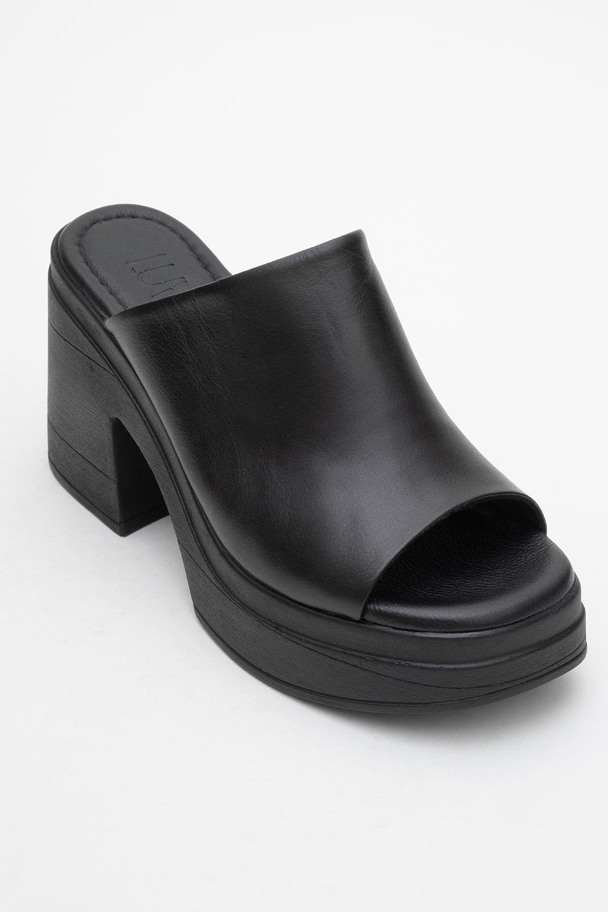 Nola - Black Leather Heeled Mules – detail view showing leather, suede, black, Vowalisse