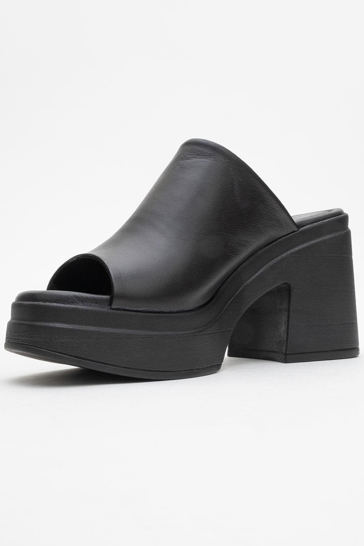 Nola - Black Leather Heeled Mules – heel view showing leather, suede, black, Vowalisse