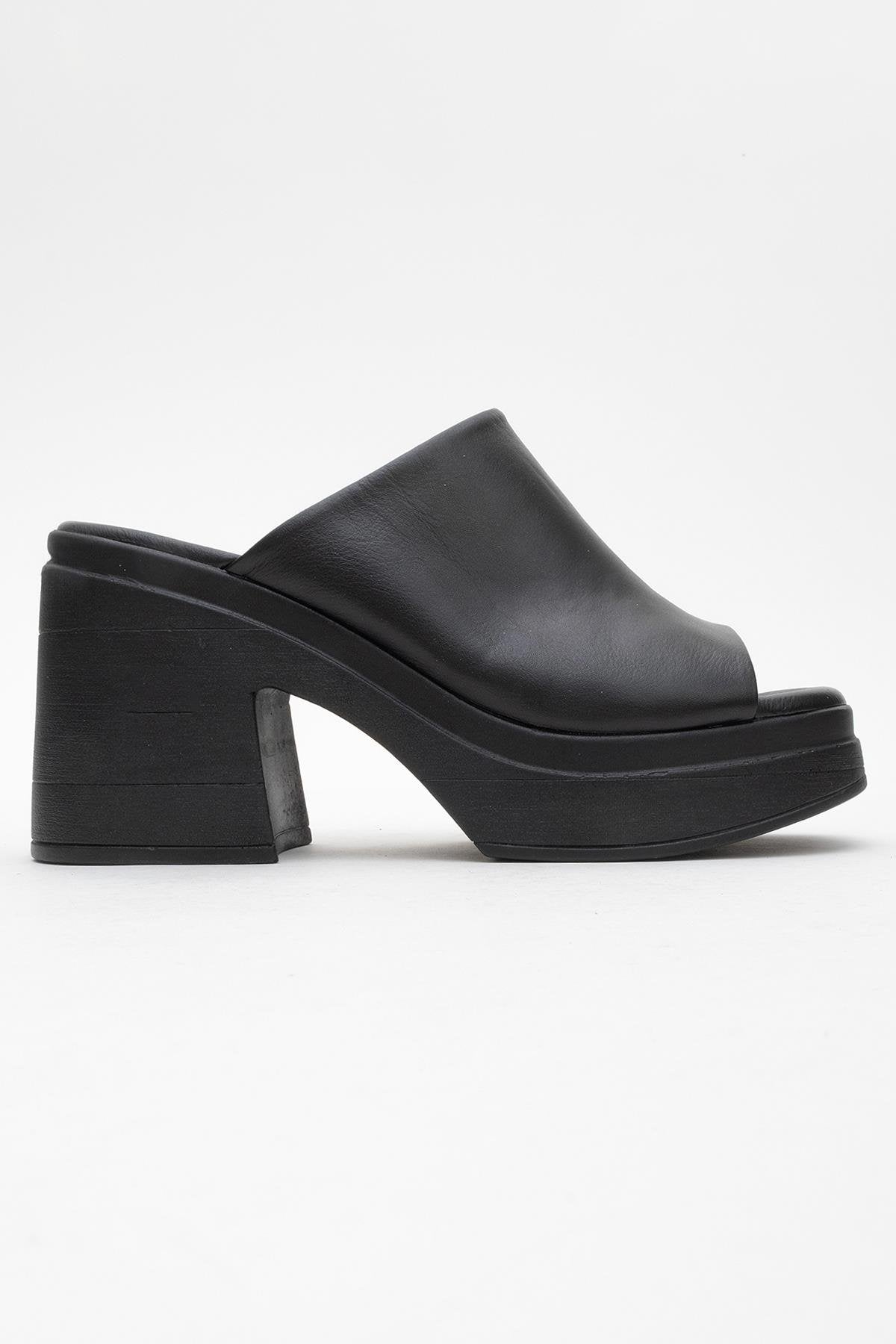 Nola - Black Leather Heeled Mules – top view showing leather, suede, black, Vowalisse