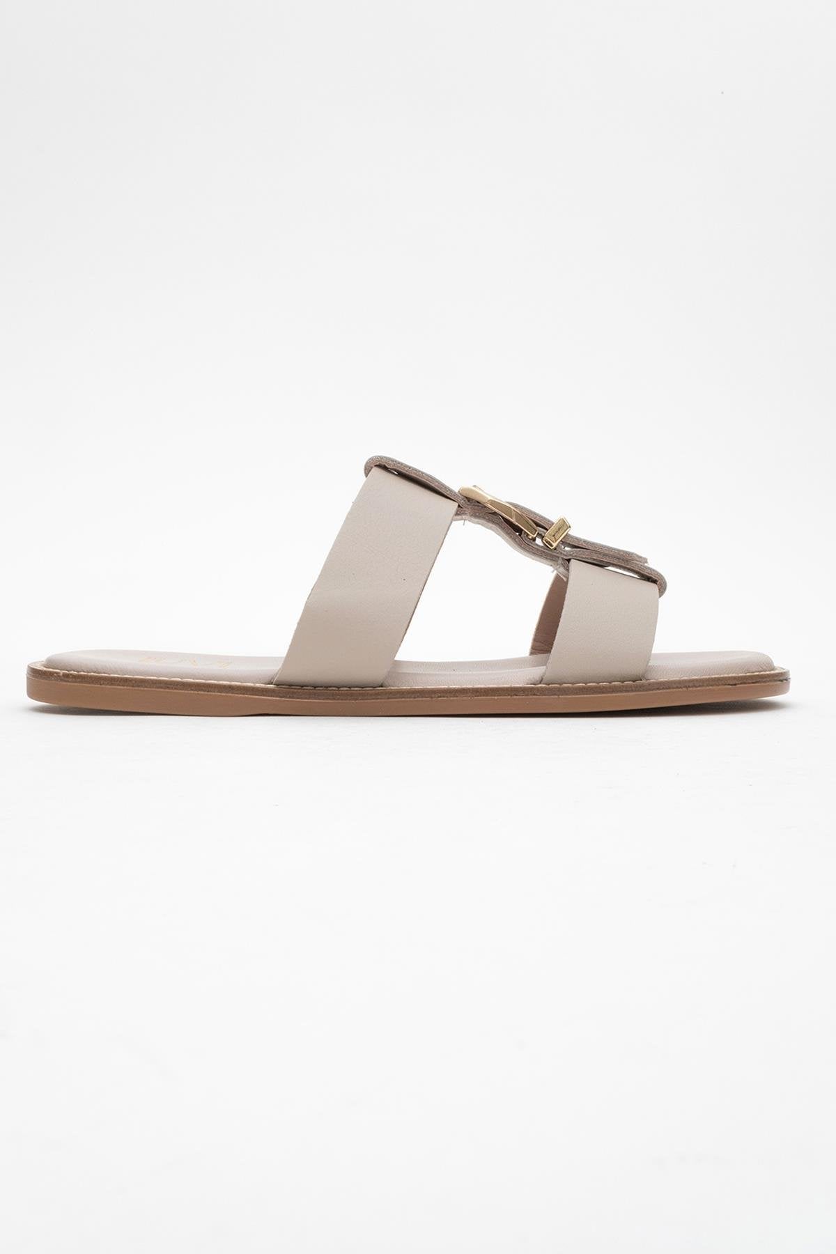 Sveta - Light Beige Leather Buckled Sandal – top view showing leather, Vowalisse