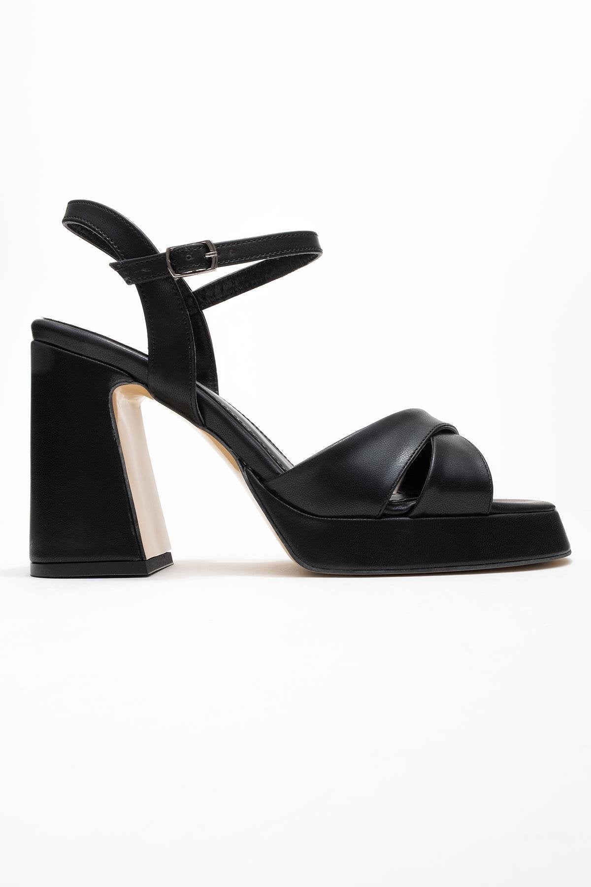 Lello - Black Platform Heel Shoe – top view showing leather, black, Vowalisse