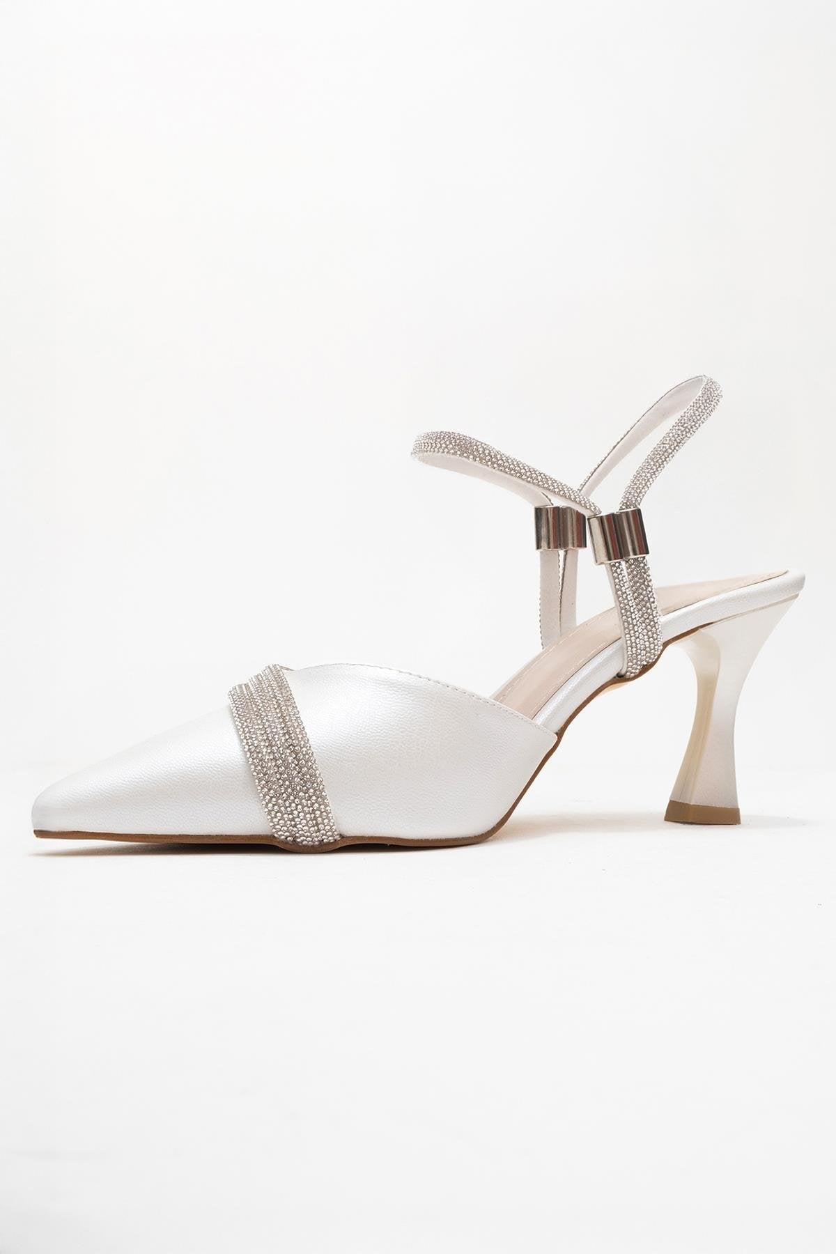 Lavie - Pearl Synthetic Leather Strappy Jeweled Dress Shoe – heel view showing pearl, leather, Vowalisse