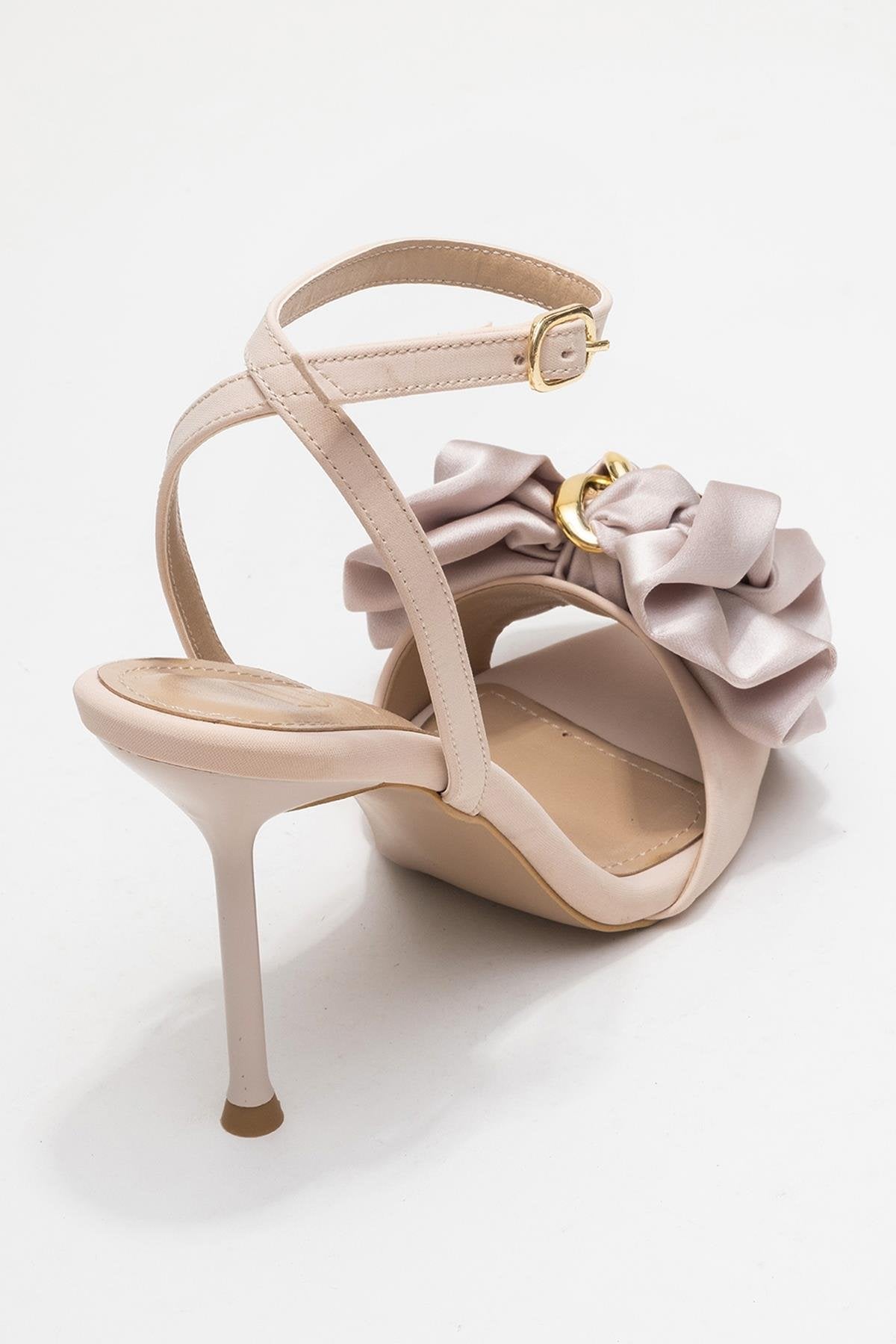 Lucy - Beige Satin Bow Stiletto Pump – back view showing bow, satin, leather, Vowalisse