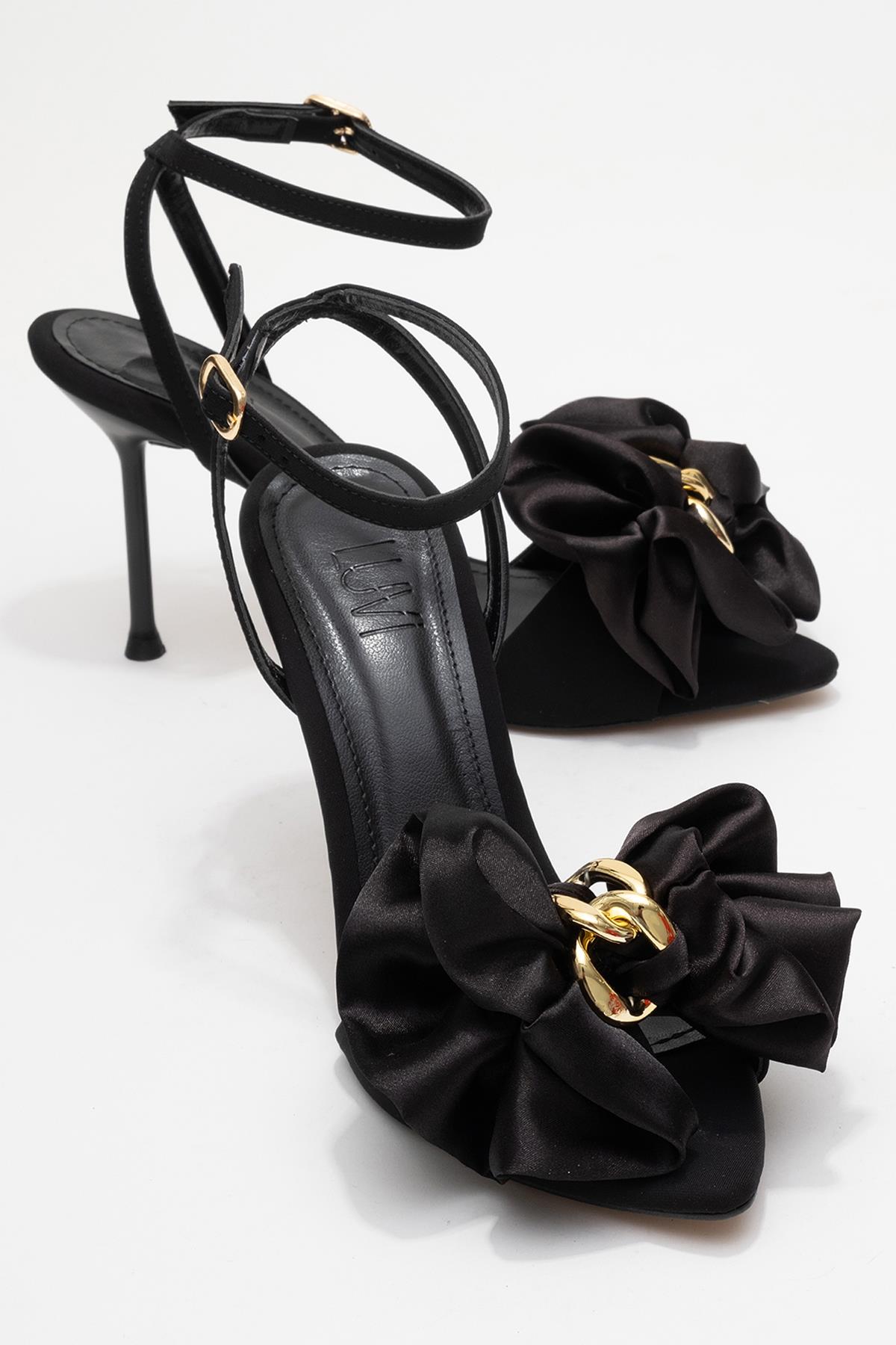 Lucy - Black Satin Bow Open-Toe Stiletto – front three-quarter view showing bow, satin, leather, Vowalisse