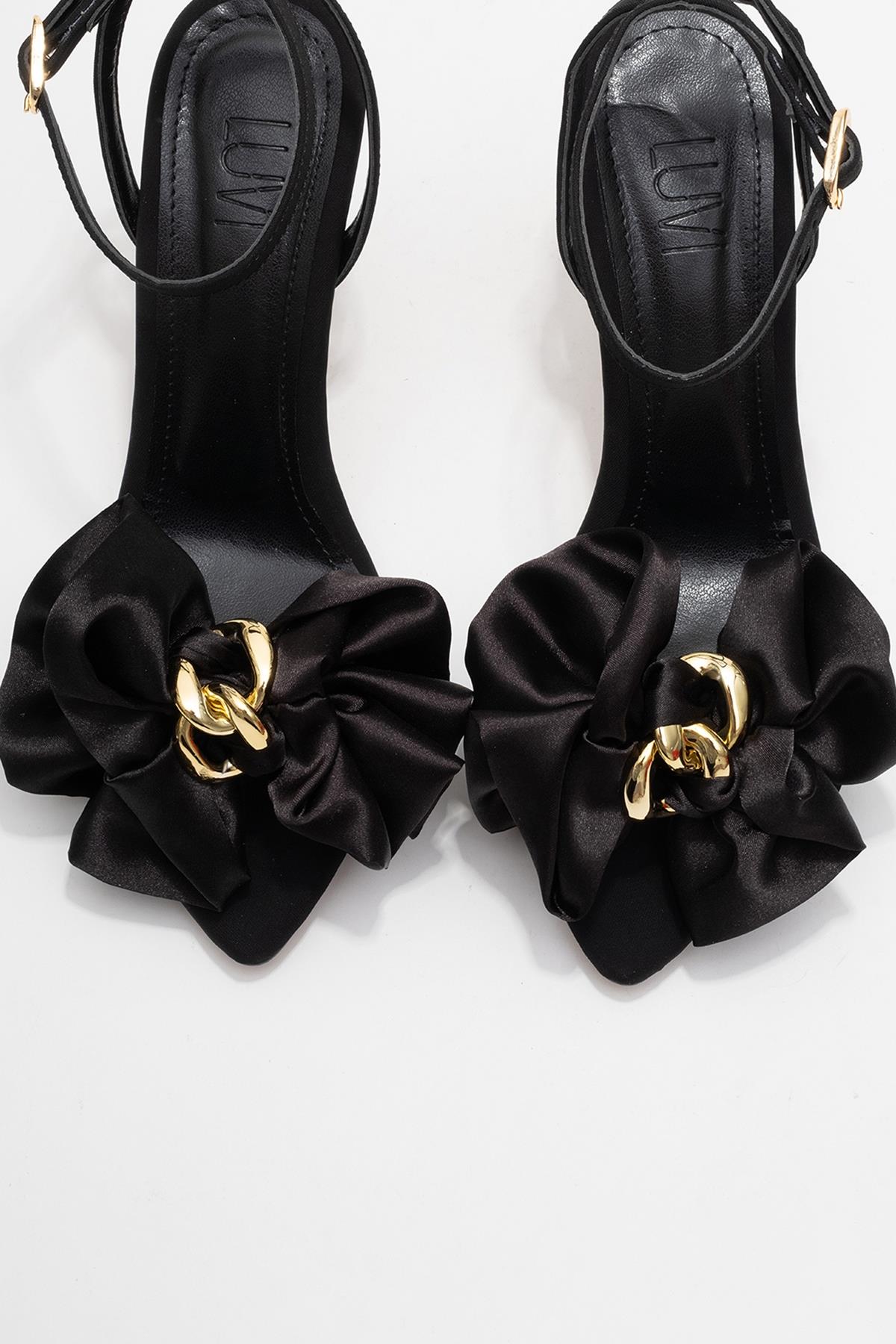 Lucy - Black Satin Bow Open-Toe Stiletto – side view showing bow, satin, leather, Vowalisse
