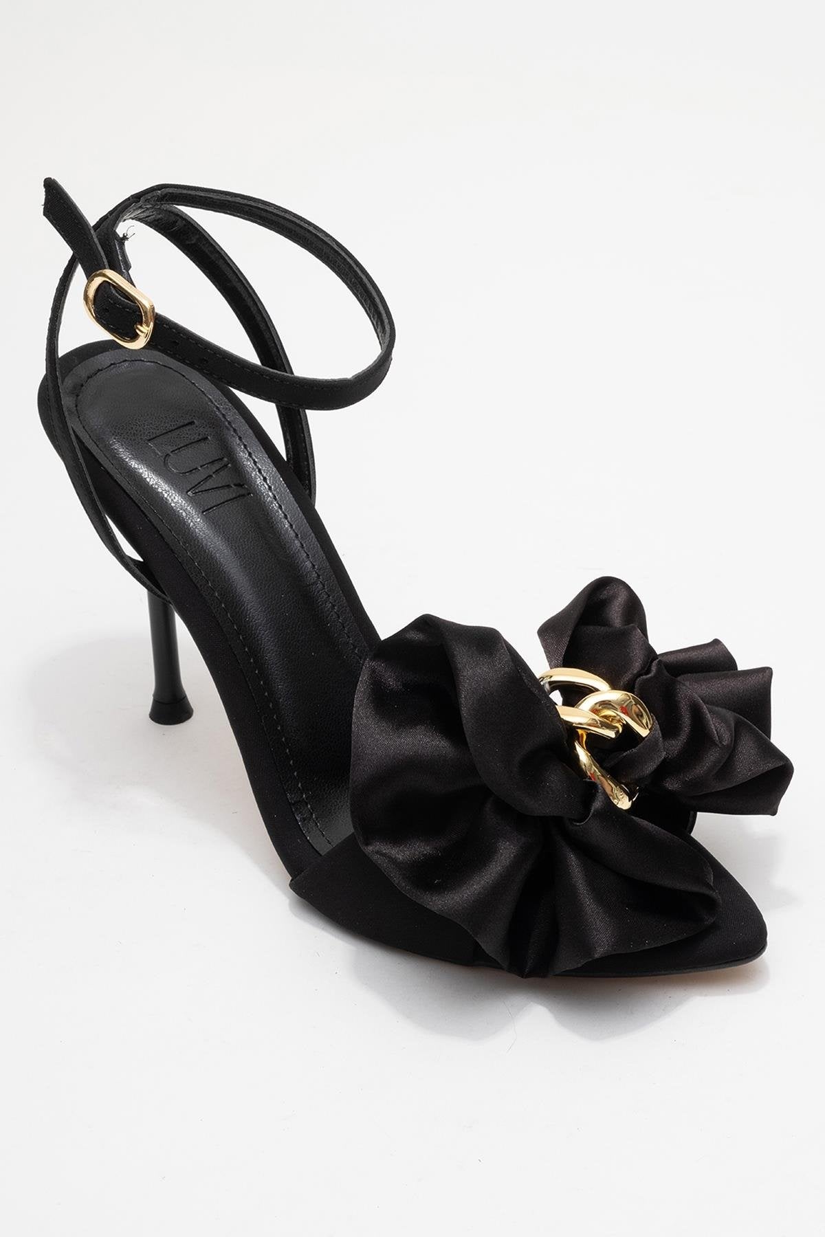 Lucy - Black Satin Bow Open-Toe Stiletto – detail view showing bow, satin, leather, Vowalisse