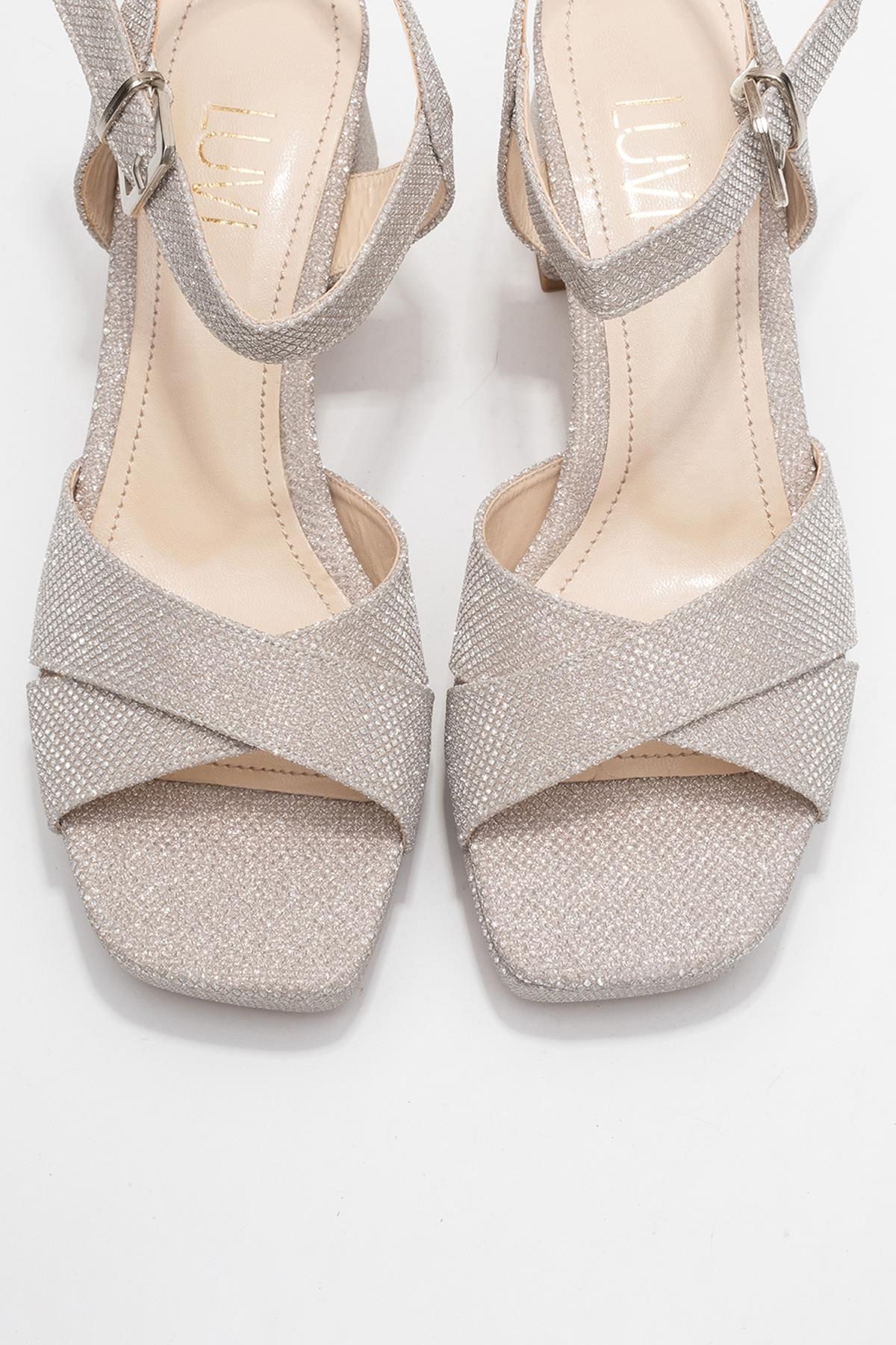 Lisbon - Gold Glitter Cross-Strap Platform Heel – side view showing leather, glitter, gold, Vowalisse