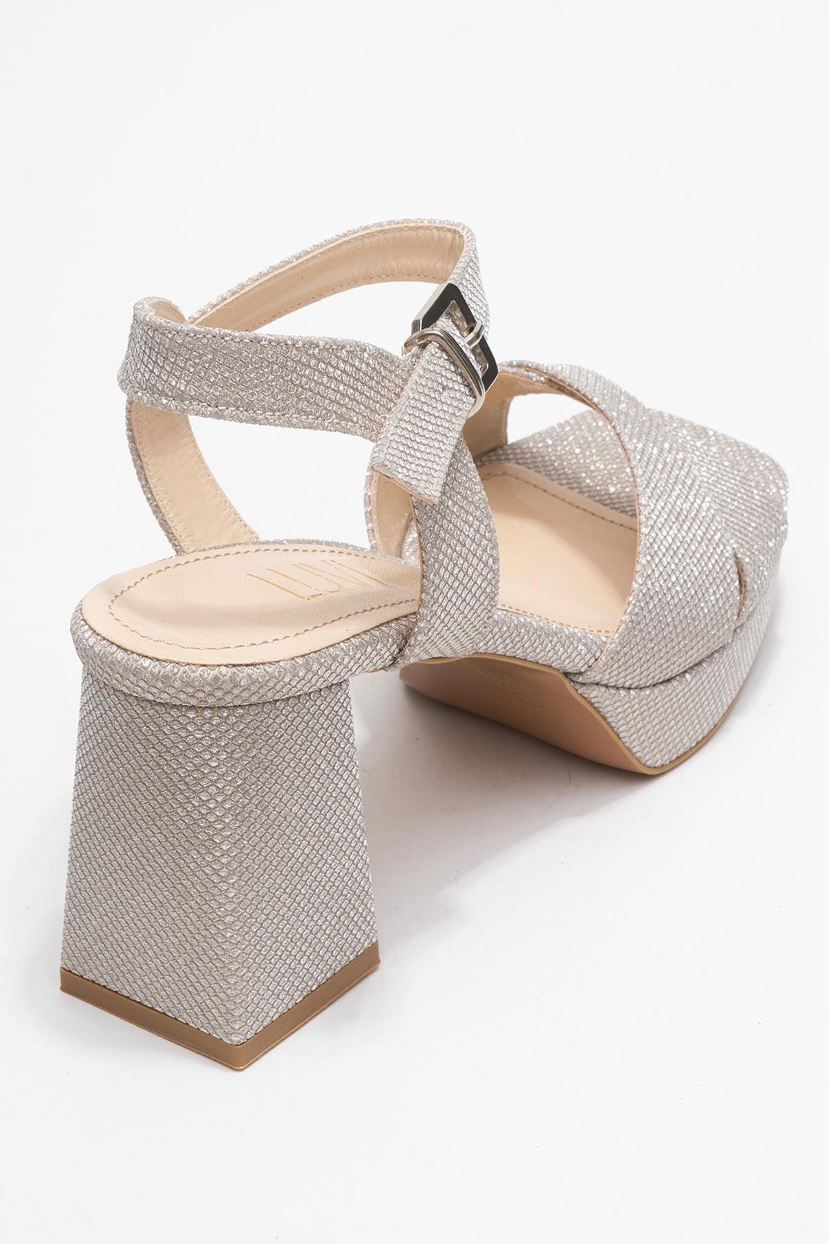 Lisbon - Gold Glitter Cross-Strap Platform Heel – back view showing leather, glitter, gold, Vowalisse