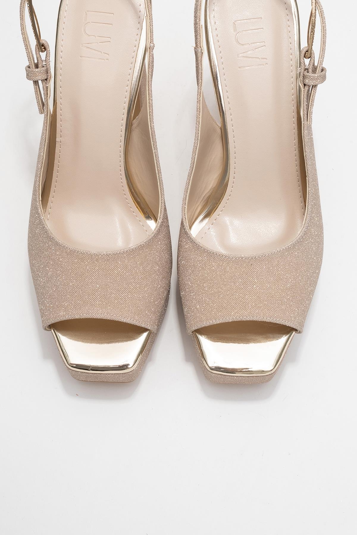 Glora - Gold Glitter Platform Heel Evening Shoe – side view showing leather, glitter, gold, Vowalisse