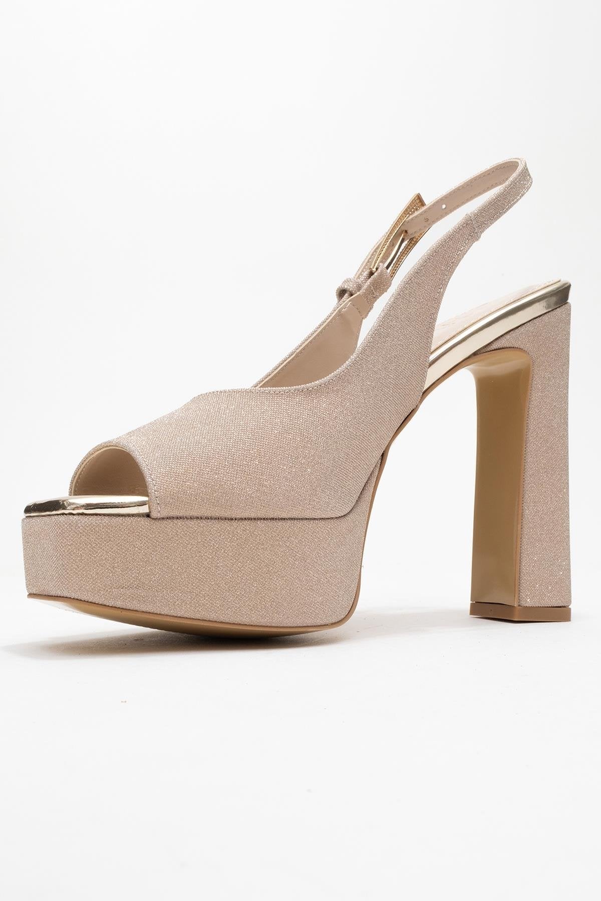 Glora - Gold Glitter Platform Heel Evening Shoe – heel view showing leather, glitter, gold, Vowalisse