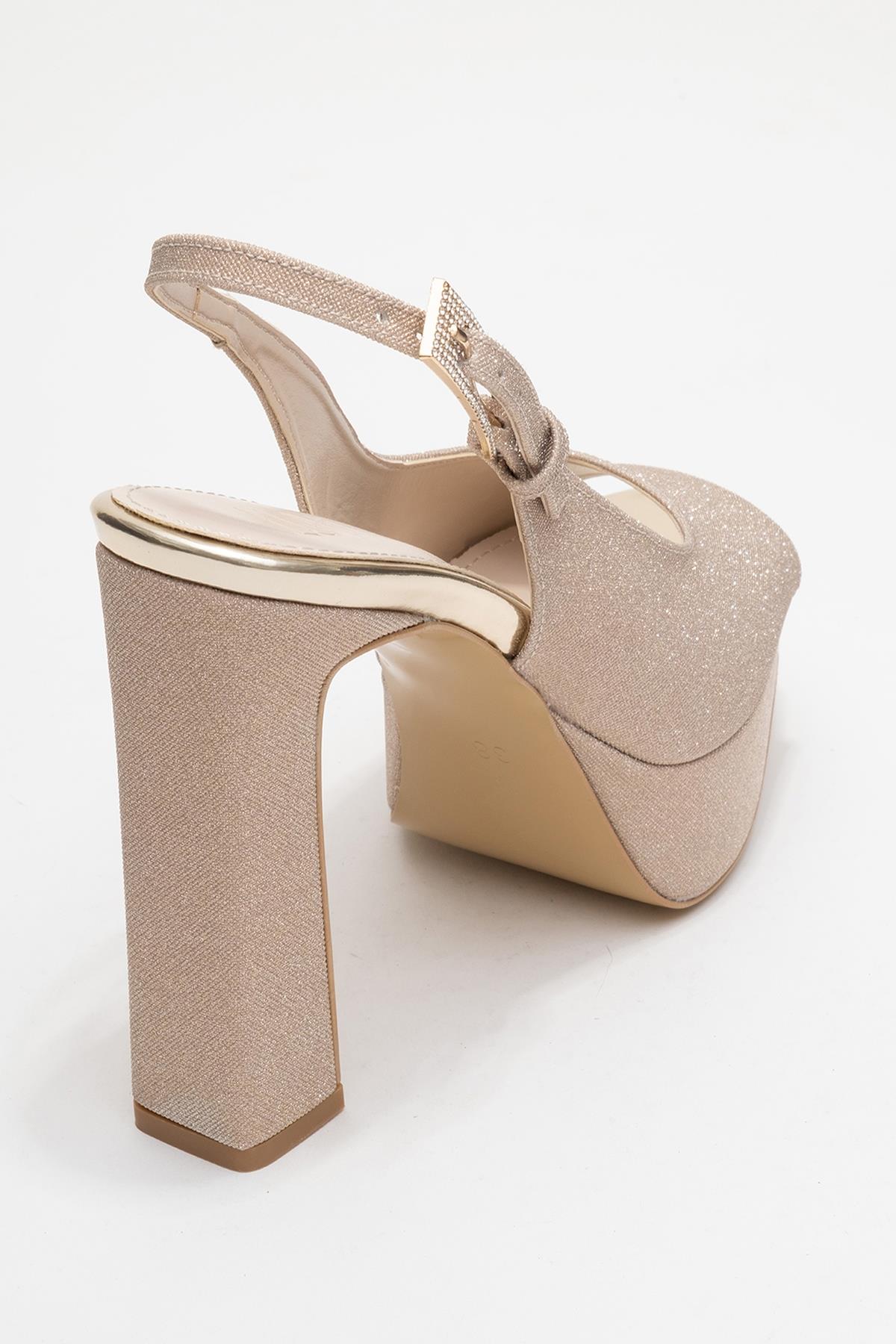 Glora - Gold Glitter Platform Heel Evening Shoe – back view showing leather, glitter, gold, Vowalisse