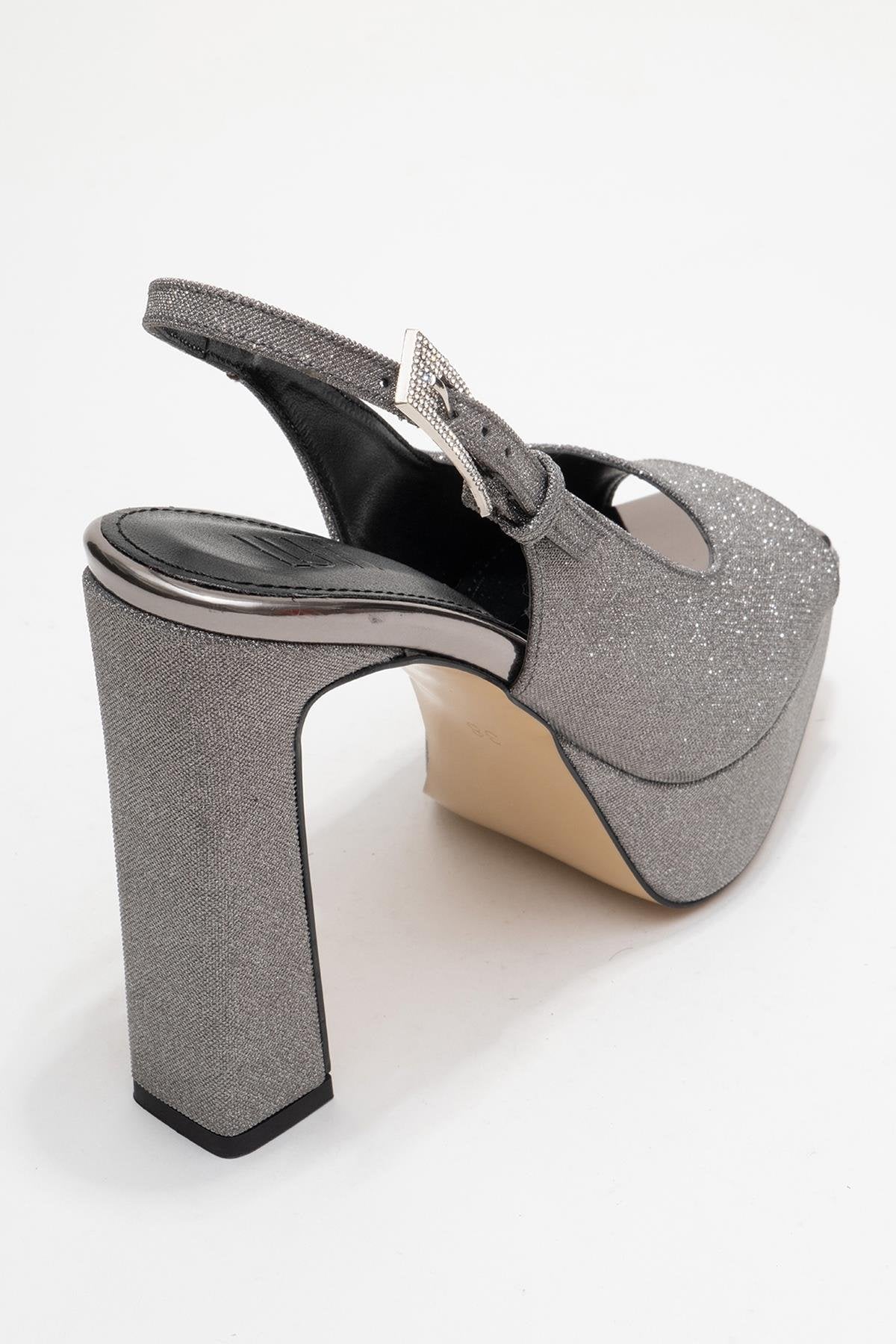 Glora - Platinum Glitter Platform Heel Evening Shoe – back view showing leather, glitter, Vowalisse