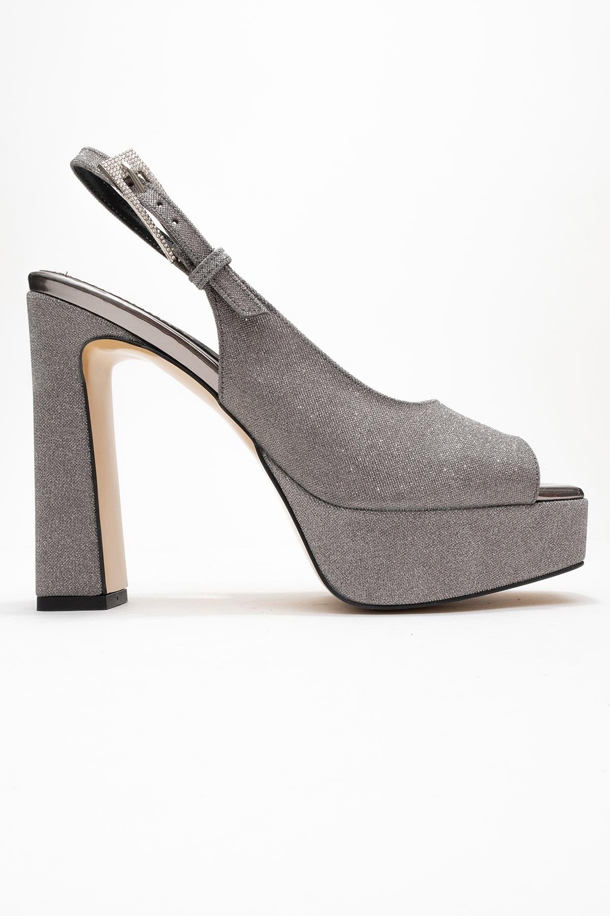 Glora - Platinum Glitter Platform Heel Evening Shoe – top view showing leather, glitter, Vowalisse