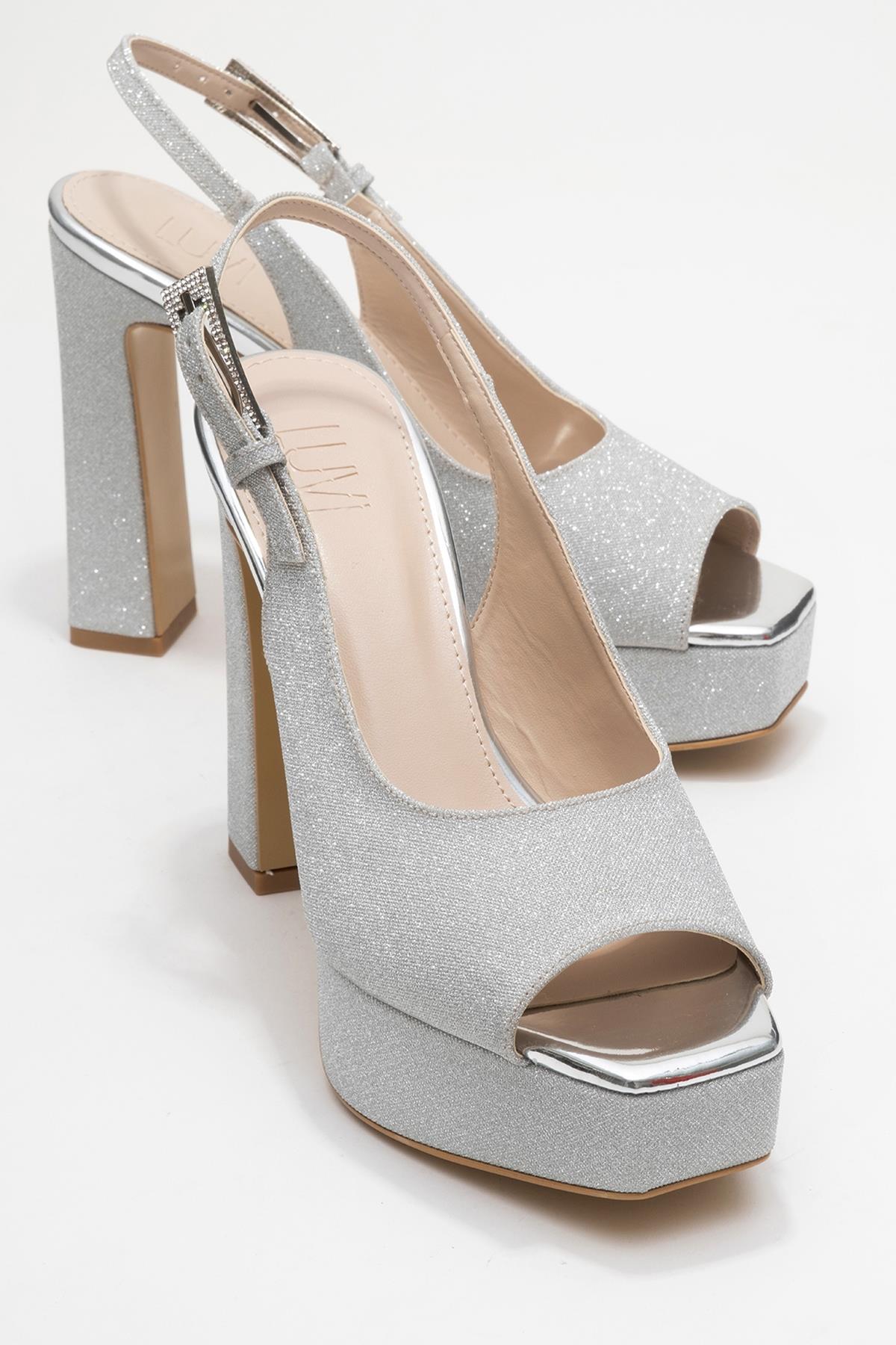 Glora - Silver Glitter Platform Heel Evening Shoe – front three-quarter view showing leather, glitter, silver, Vowalisse