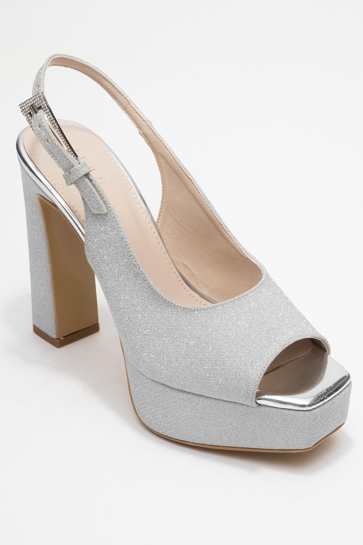 Glora - Silver Glitter Platform Heel Evening Shoe – detail view showing leather, glitter, silver, Vowalisse