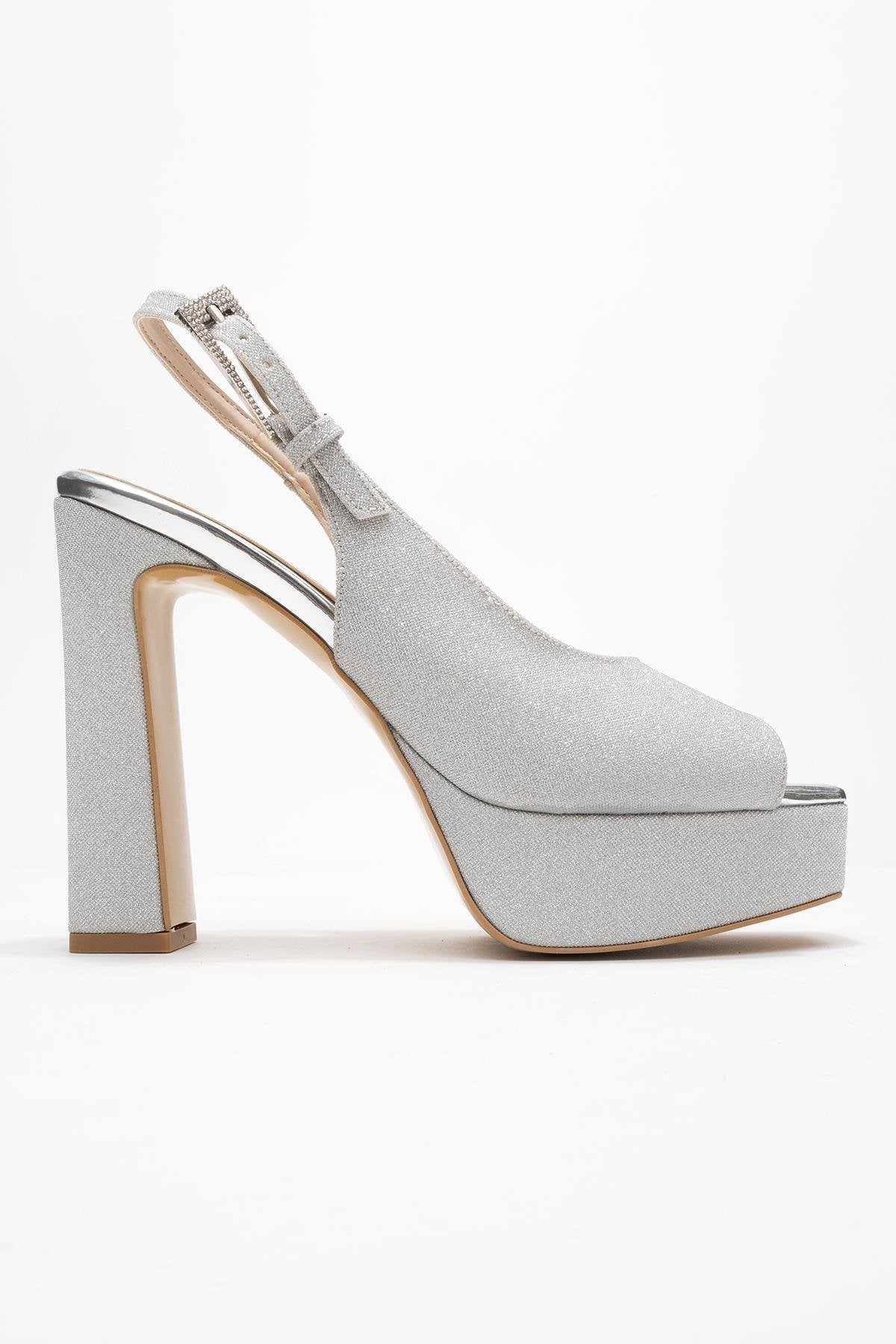Glora - Silver Glitter Platform Heel Evening Shoe – top view showing leather, glitter, silver, Vowalisse