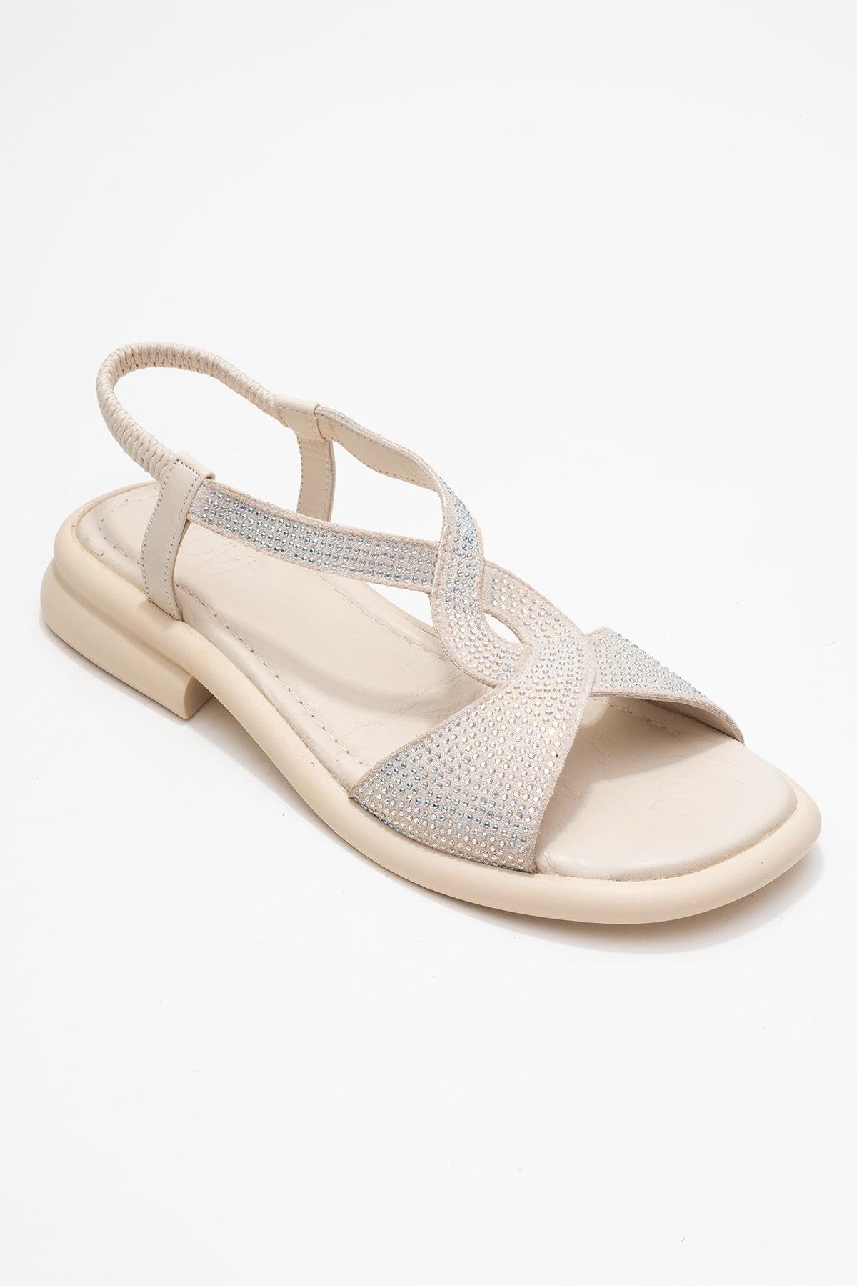 Sieglinde Light Beige Embellished Leather Sandal – detail view showing crystal, leather, Vowalisse