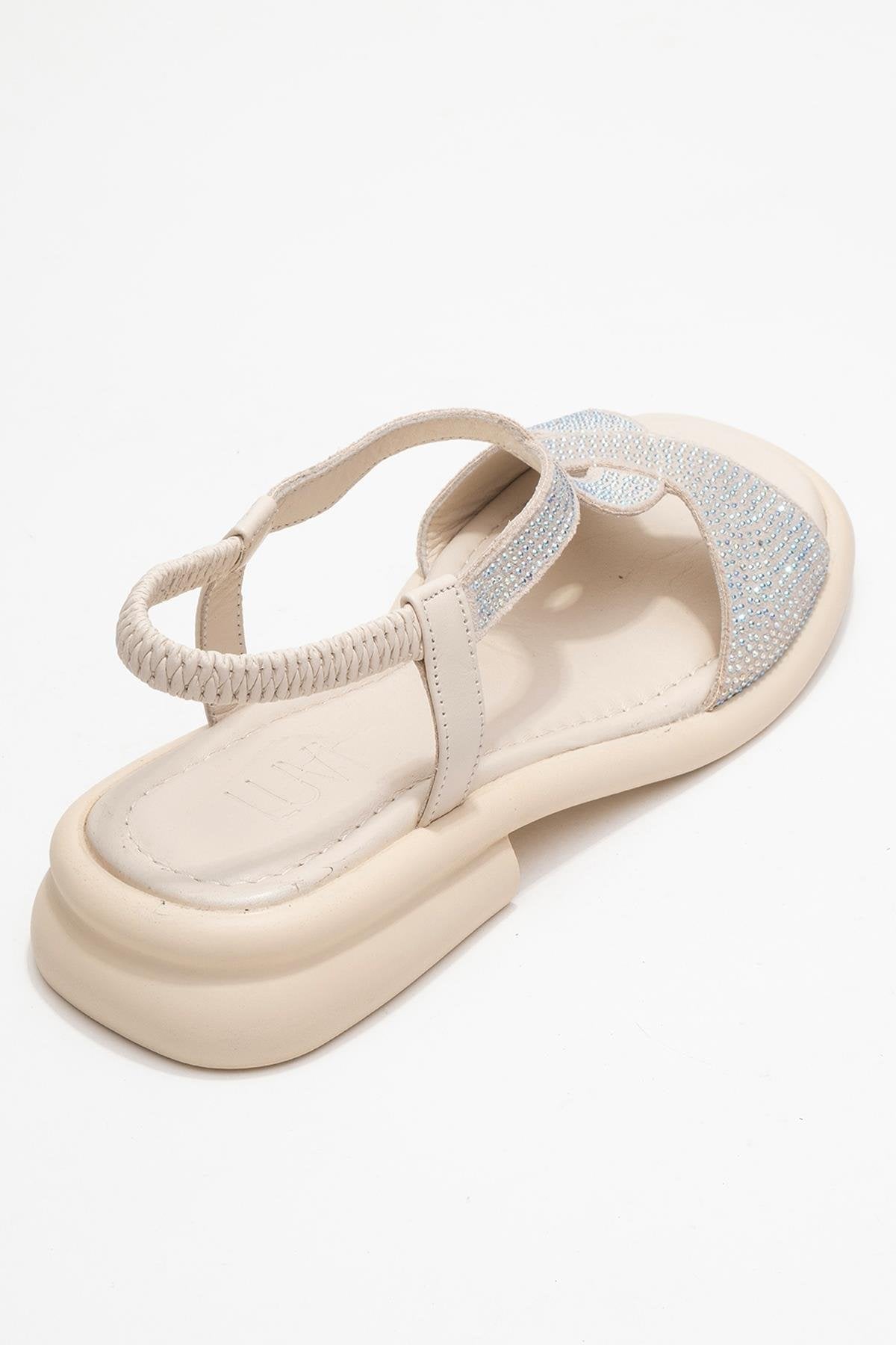 Sieglinde Light Beige Embellished Leather Sandal – back view showing crystal, leather, Vowalisse