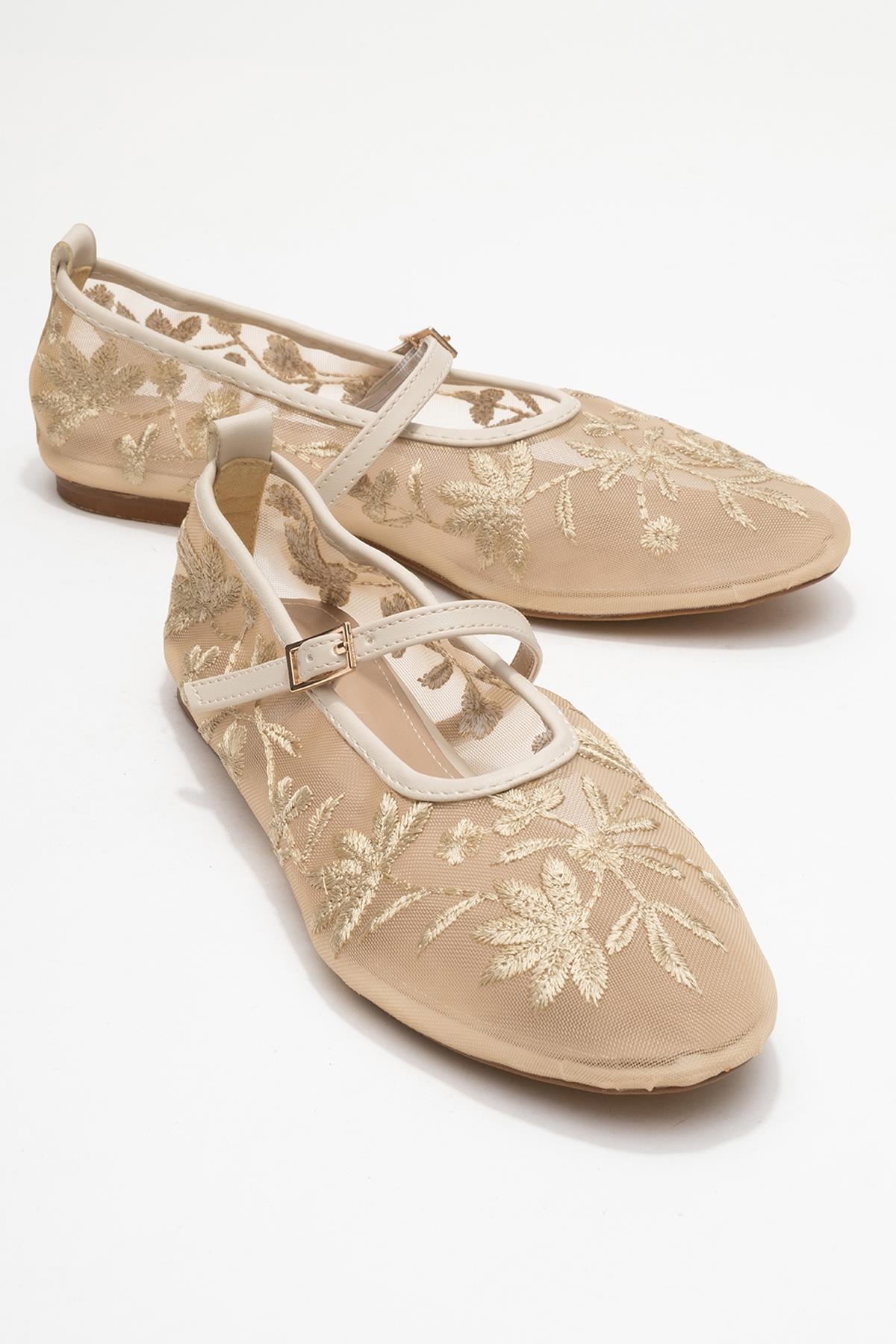 Juny Ivory Mesh Floral Embroidery Ballet Flat – front three-quarter view showing leather, mesh, ivory, Vowalisse