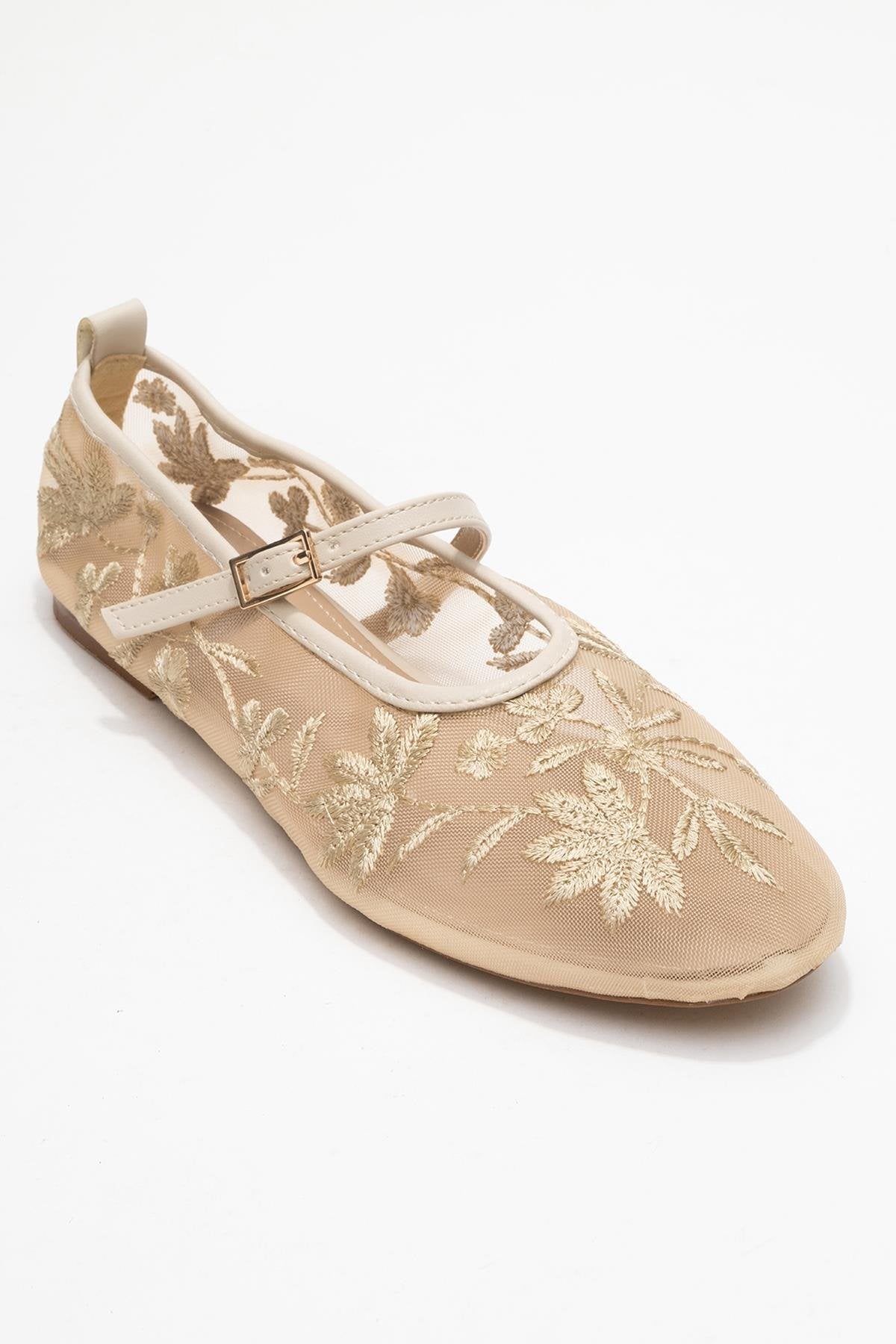 Juny Ivory Mesh Floral Embroidery Ballet Flat – detail view showing leather, mesh, ivory, Vowalisse