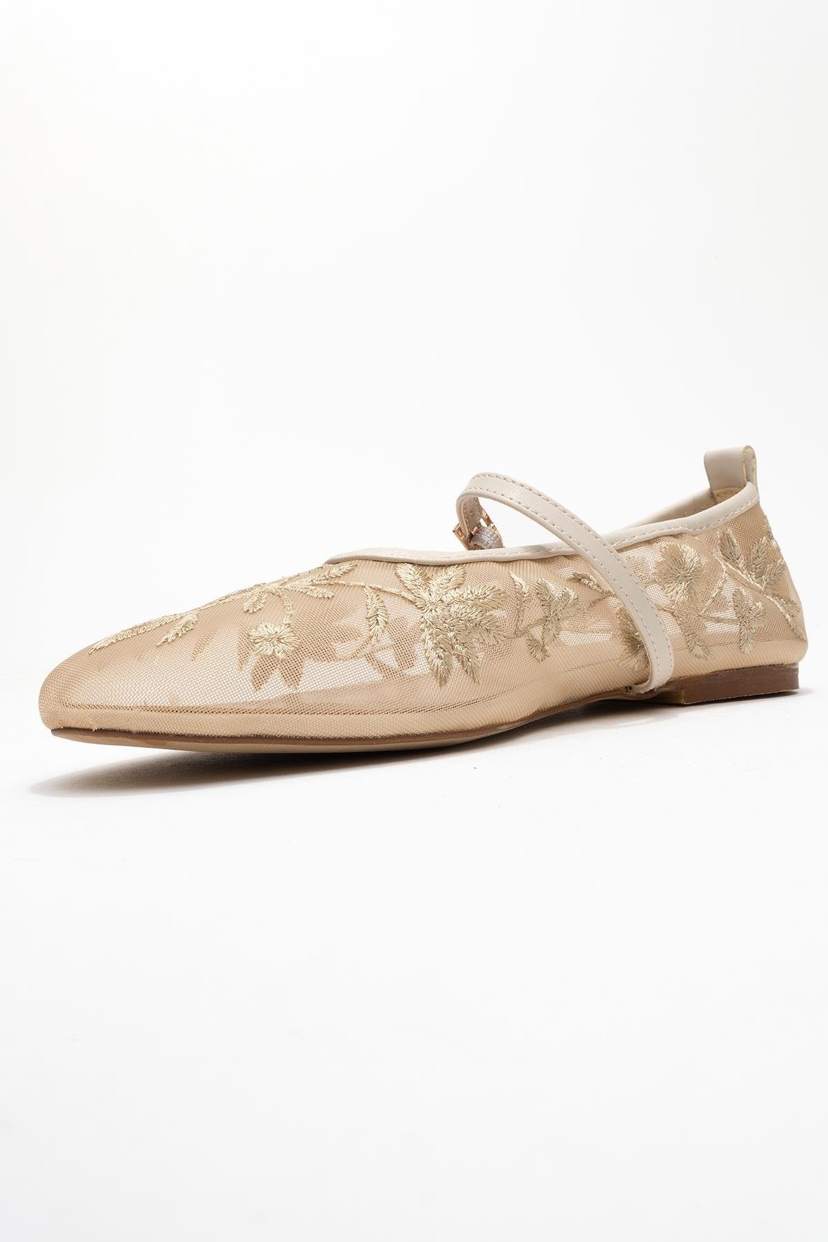 Juny Ivory Mesh Floral Embroidery Ballet Flat – heel view showing leather, mesh, ivory, Vowalisse