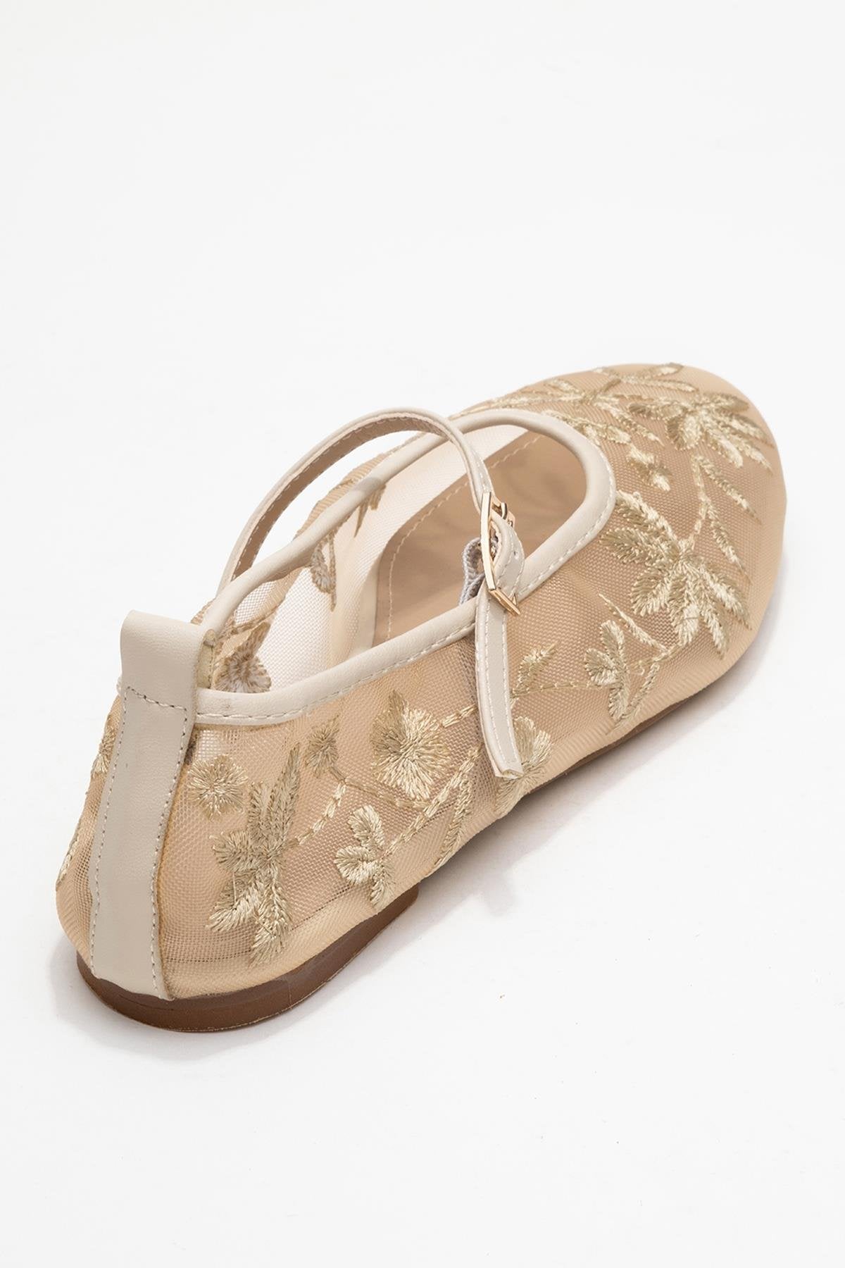 Juny Ivory Mesh Floral Embroidery Ballet Flat – back view showing leather, mesh, ivory, Vowalisse