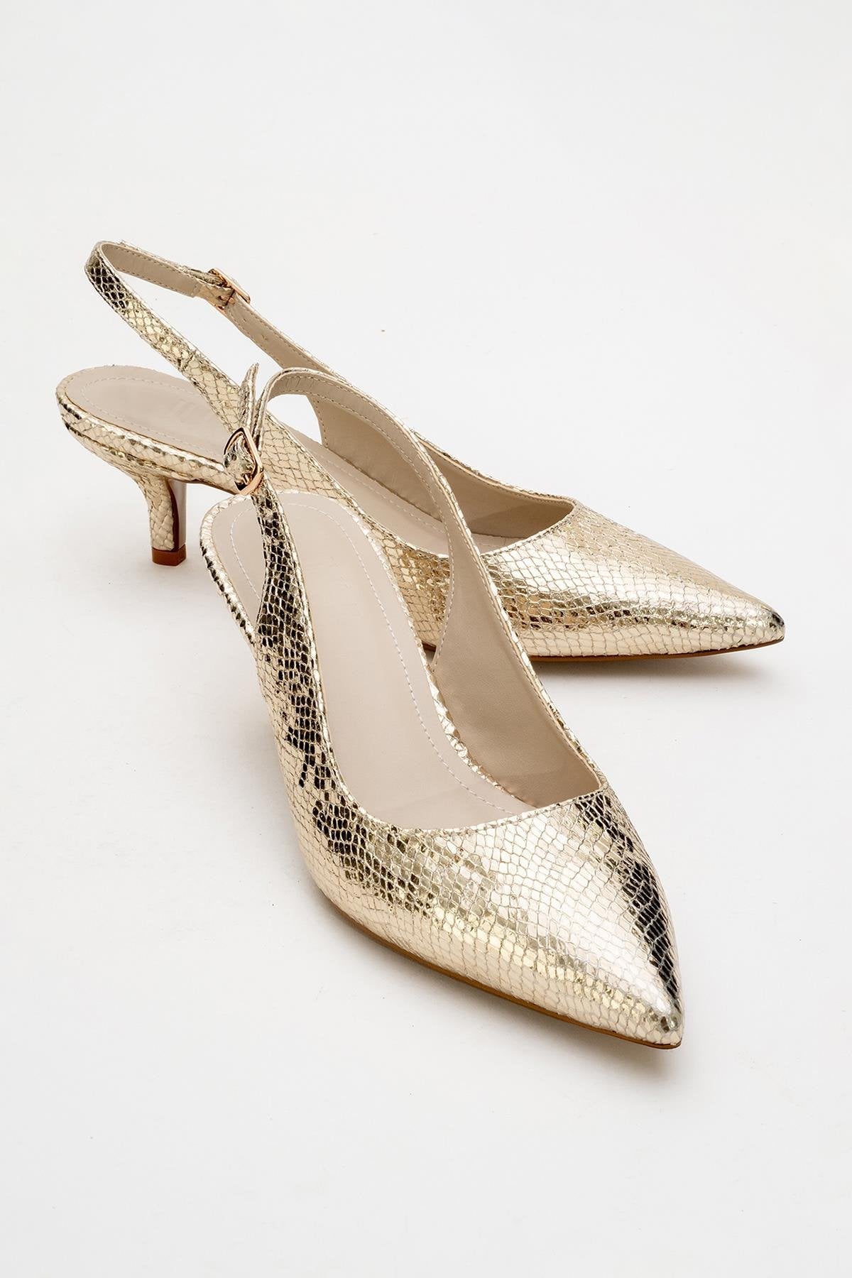 Value - Gold Patterned Heeled Shoe – front three-quarter view showing leather, gold, Vowalisse