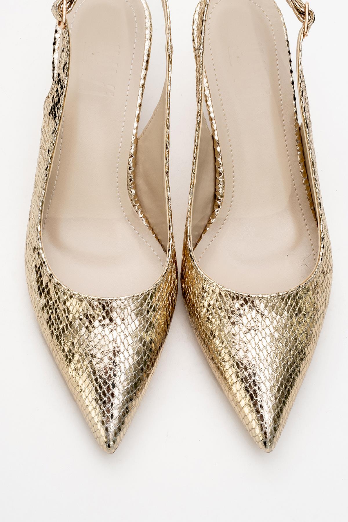 Value - Gold Patterned Heeled Shoe – side view showing leather, gold, Vowalisse