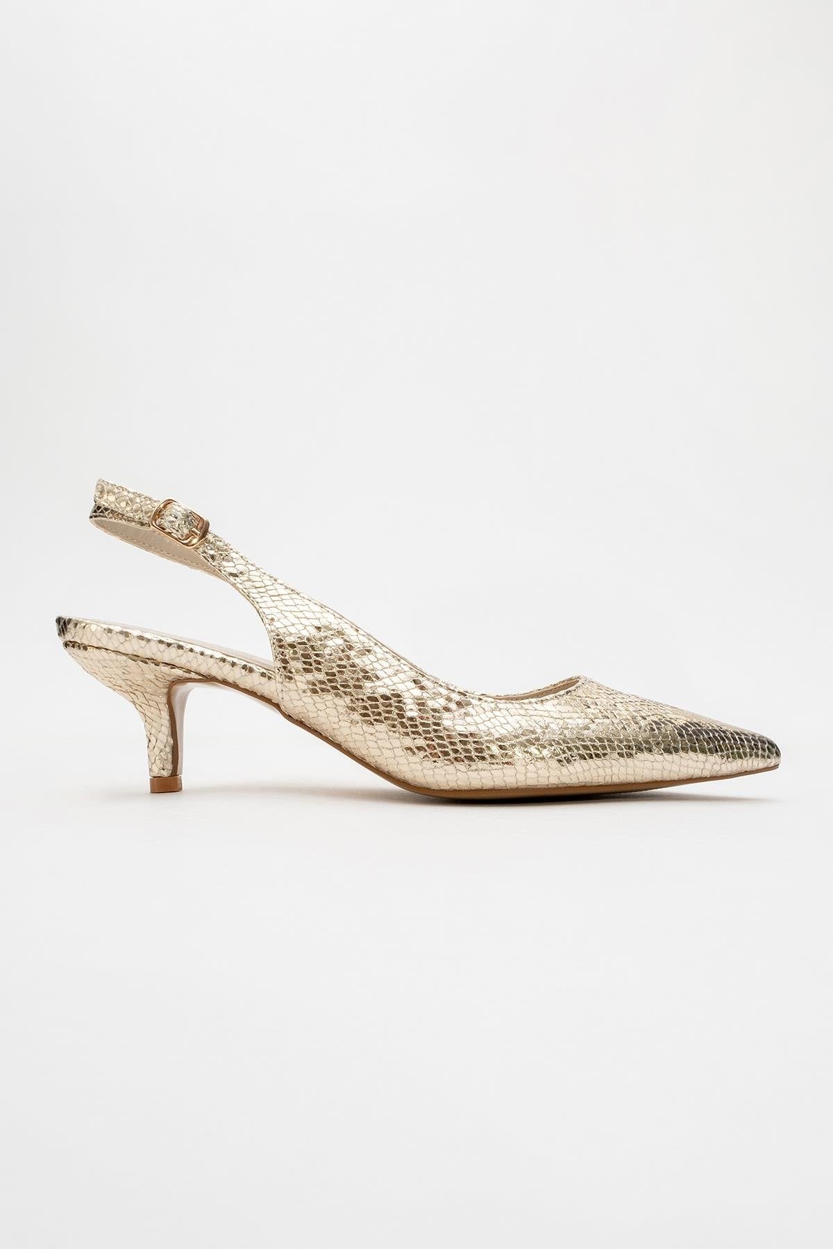 Value - Gold Patterned Heeled Shoe – back view showing leather, gold, Vowalisse