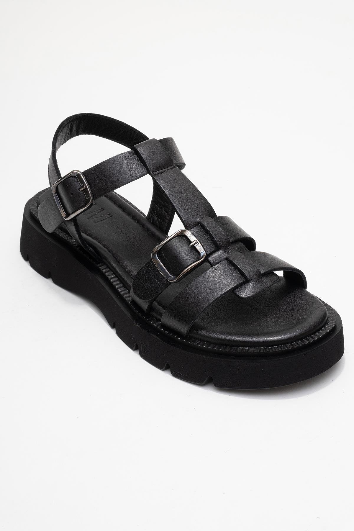 Melvin Black Leather Sandal – detail view showing leather, black, red, Vowalisse