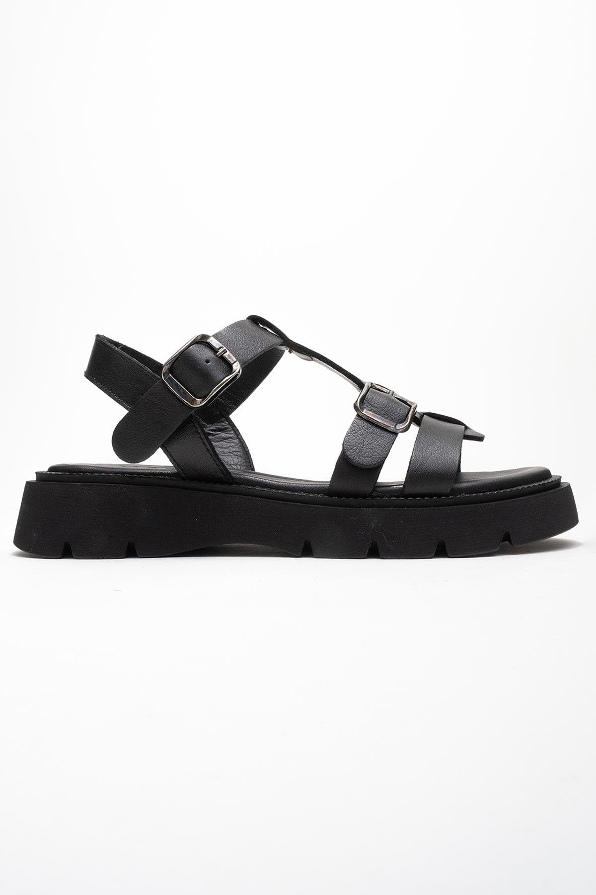 Melvin Black Leather Sandal – top view showing leather, black, red, Vowalisse