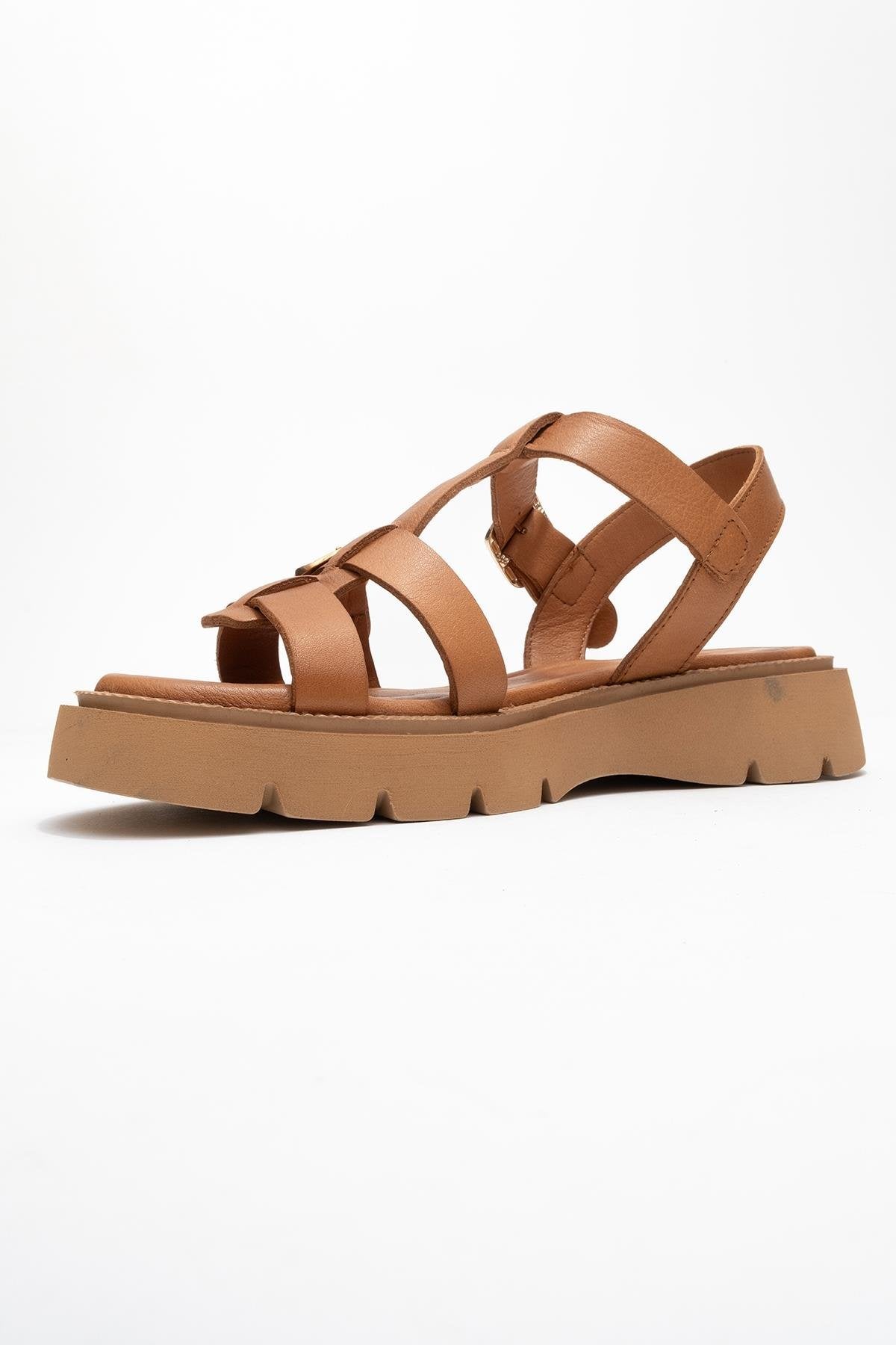 Melvin Cognac Brown Leather Sandal – heel view showing leather, red, Vowalisse