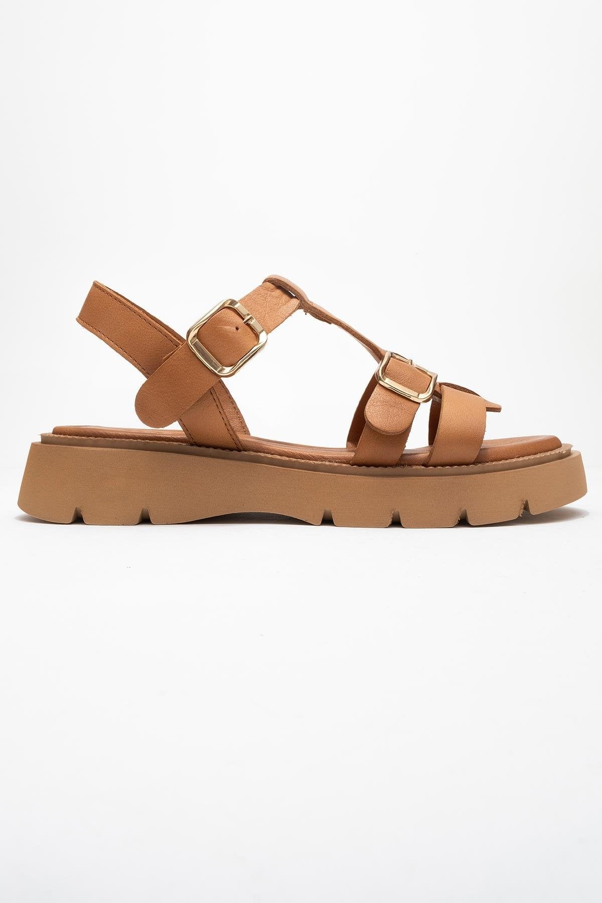 Melvin Cognac Brown Leather Sandal – top view showing leather, red, Vowalisse