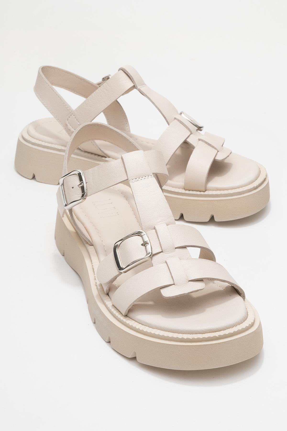 Melvin Beige Leather Sandal – front three-quarter view showing leather, red, Vowalisse