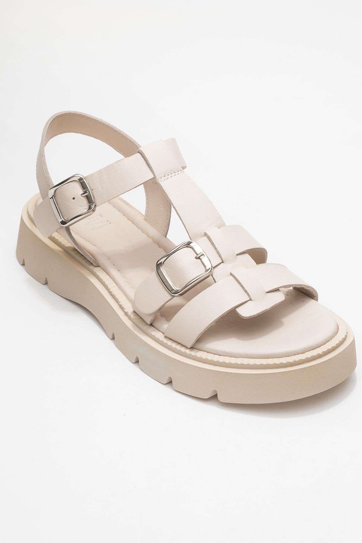 Melvin Beige Leather Sandal – detail view showing leather, red, Vowalisse