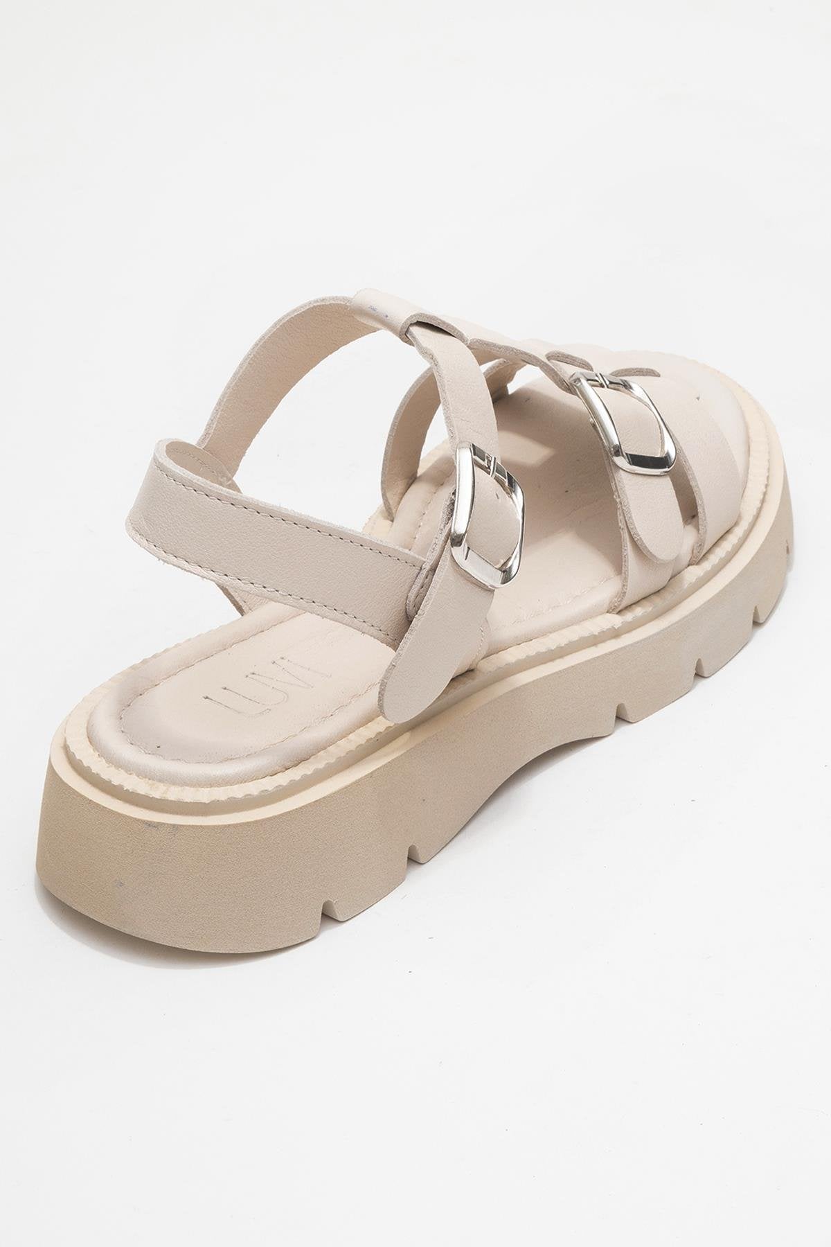 Melvin Beige Leather Sandal – back view showing leather, red, Vowalisse