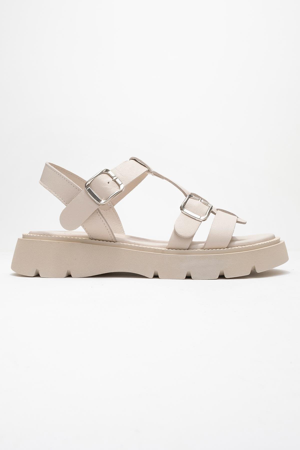 Melvin Beige Leather Sandal – top view showing leather, red, Vowalisse