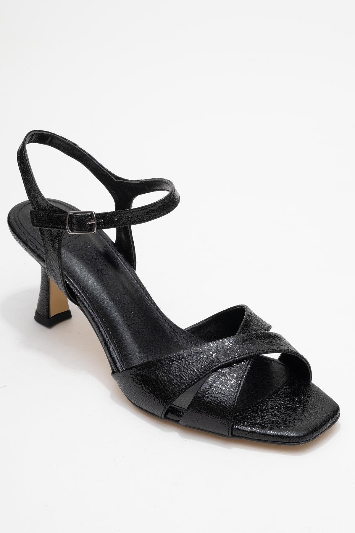 Melin - Black Patterned Cross-Band High Heel – detail view showing leather, black, Vowalisse