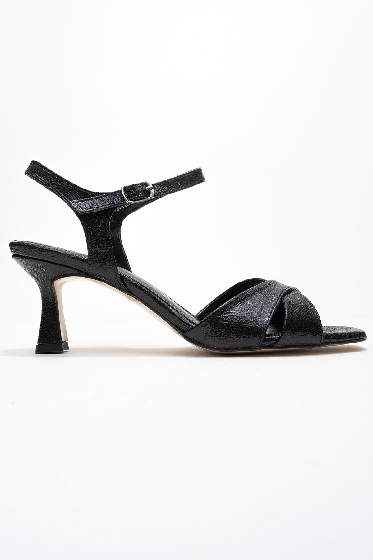 Melin - Black Patterned Cross-Band High Heel – top view showing leather, black, Vowalisse