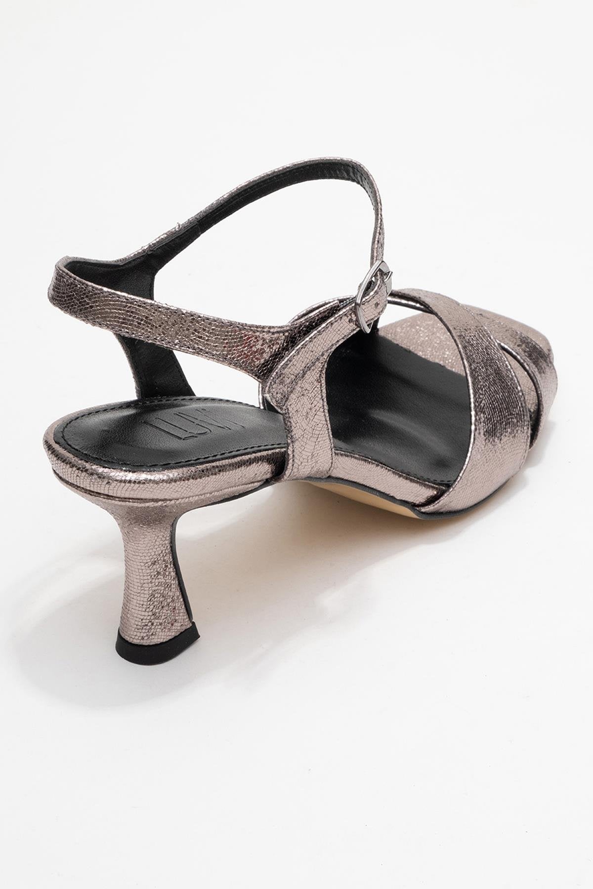 Melin - Platinum Cross-Strap Stiletto Heel – back view showing leather, Vowalisse