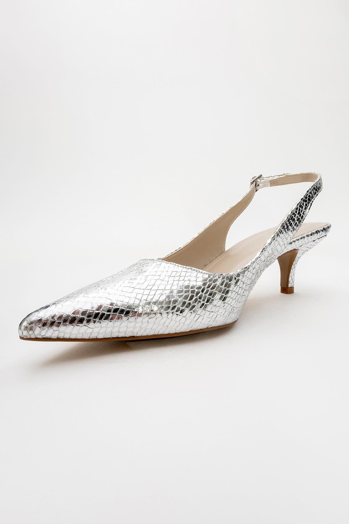 Value - Silver Patterned Heeled Shoe – side view showing leather, metallic, silver, Vowalisse