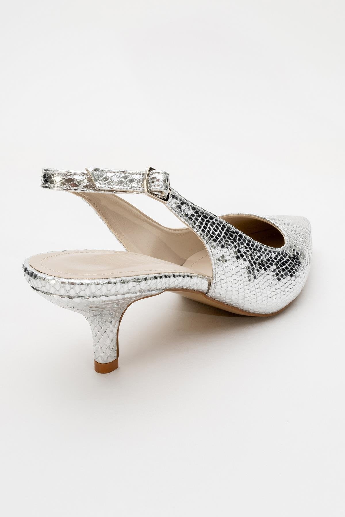 Value - Silver Patterned Heeled Shoe – detail view showing leather, metallic, silver, Vowalisse