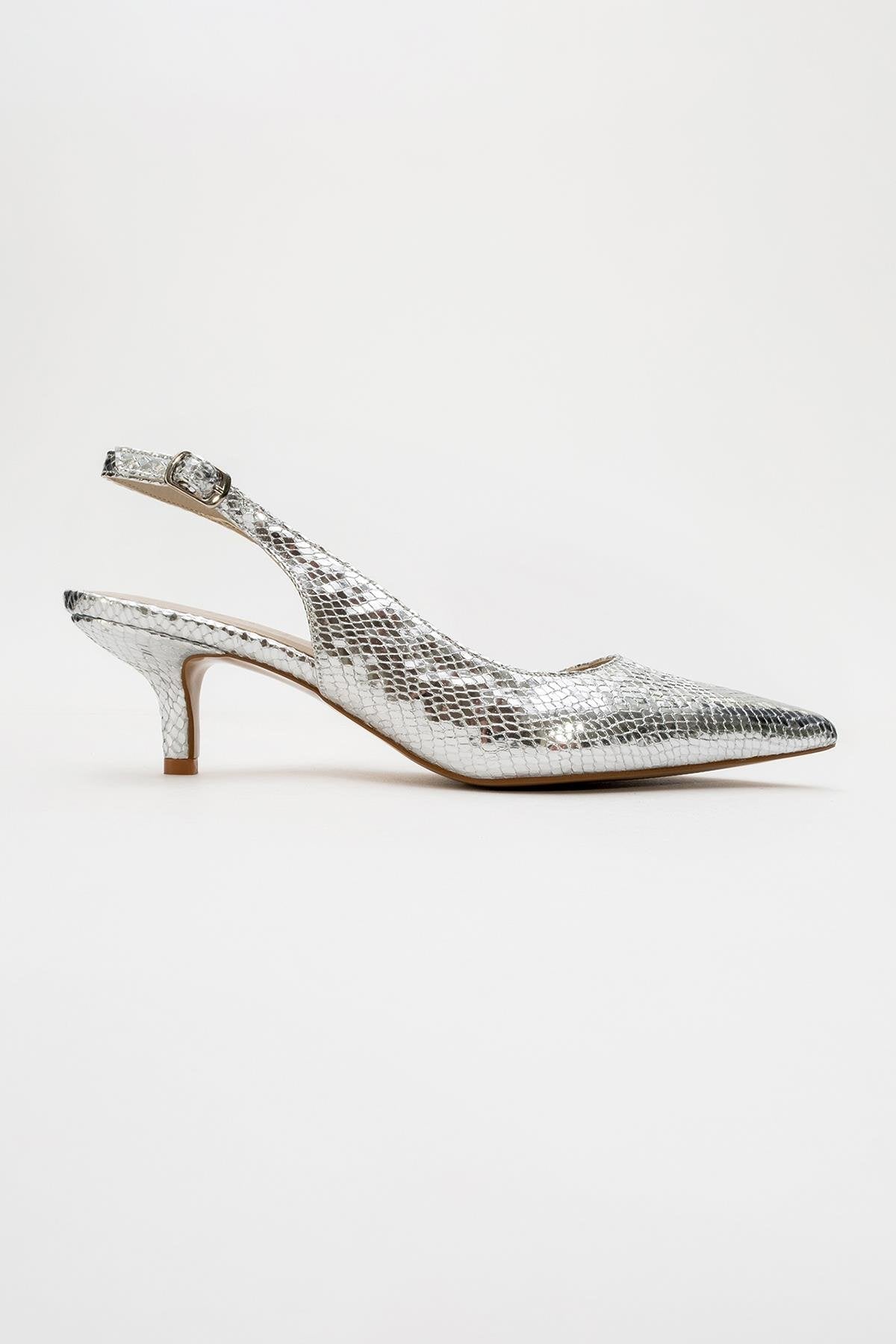 Value - Silver Patterned Heeled Shoe – heel view showing leather, metallic, silver, Vowalisse