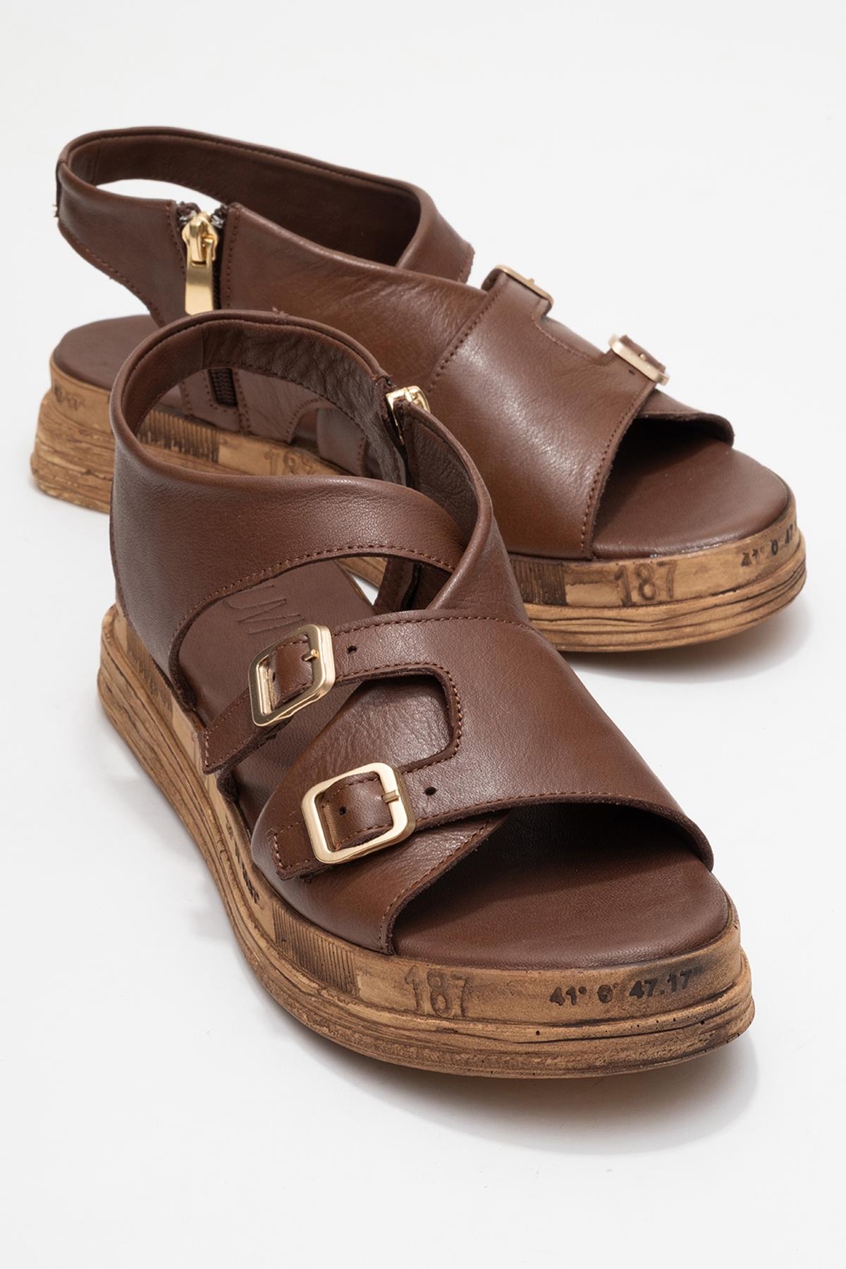 Levine Brown Leather Buckled Side-Zip Sandal – front three-quarter view showing leather, red, Vowalisse