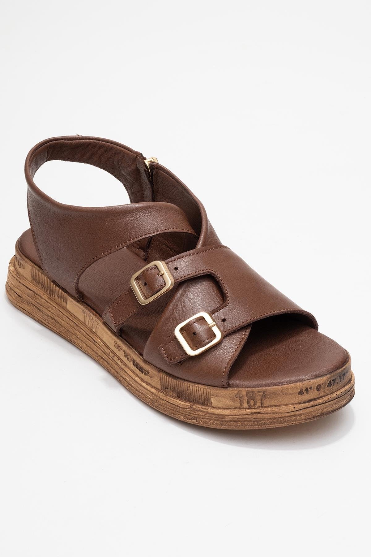 Levine Brown Leather Buckled Side-Zip Sandal – detail view showing leather, red, Vowalisse