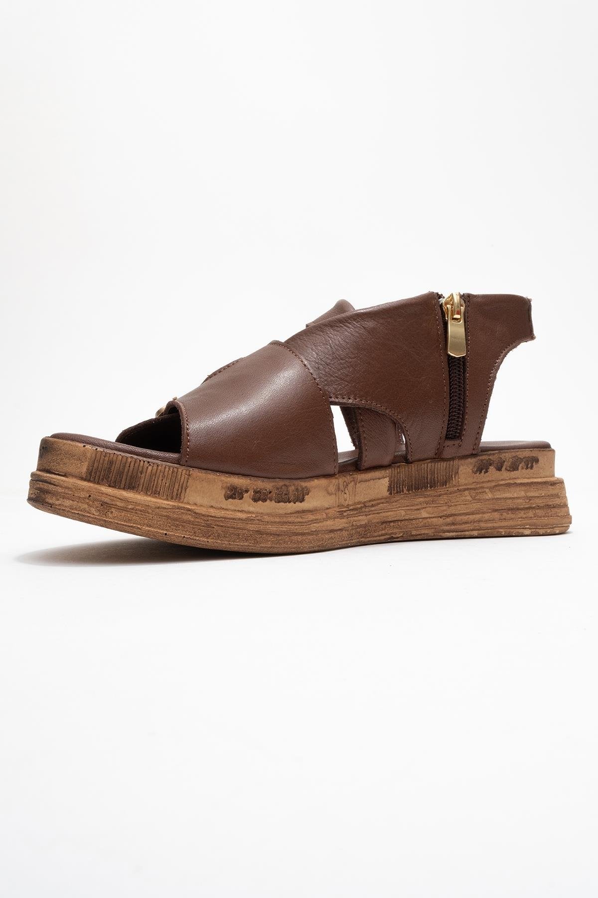 Levine Brown Leather Buckled Side-Zip Sandal – heel view showing leather, red, Vowalisse