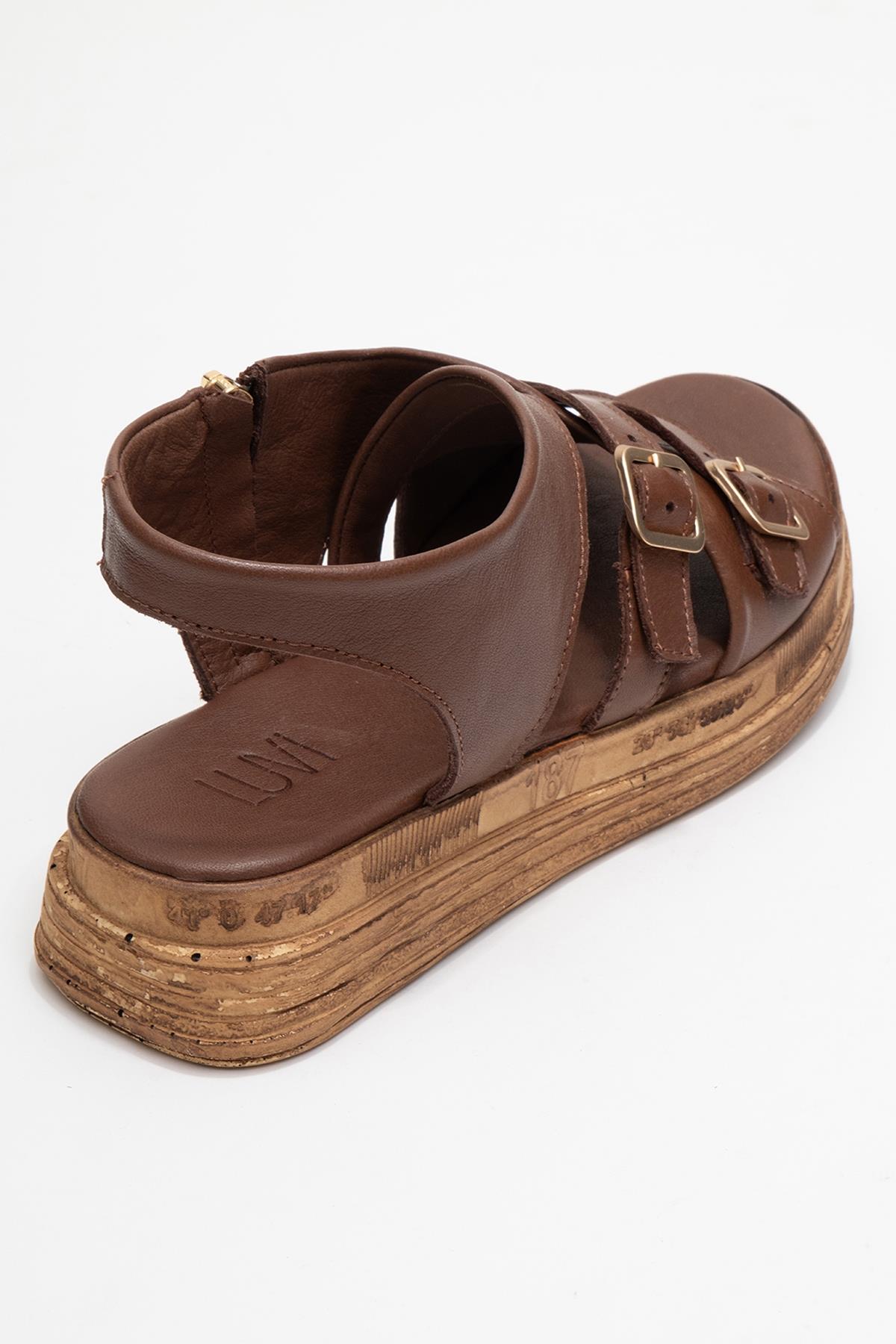 Levine Brown Leather Buckled Side-Zip Sandal – back view showing leather, red, Vowalisse
