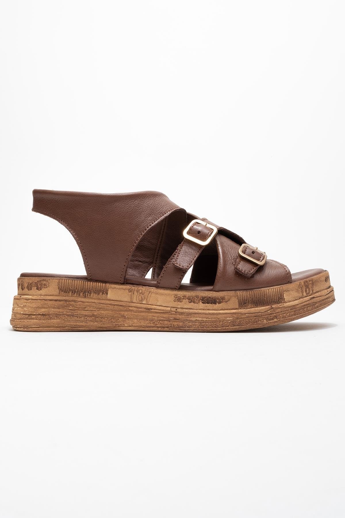 Levine Brown Leather Buckled Side-Zip Sandal – top view showing leather, red, Vowalisse