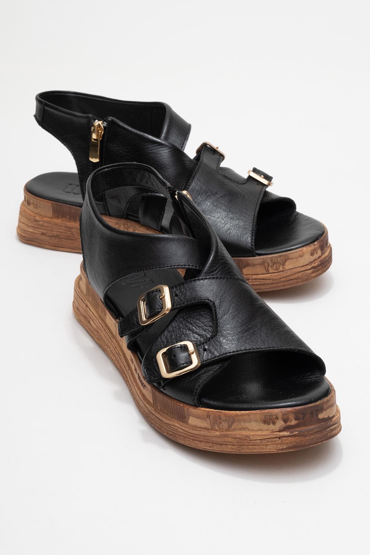 Levine Black Leather Buckled Side-Zip Sandal – front three-quarter view showing leather, black, red, Vowalisse