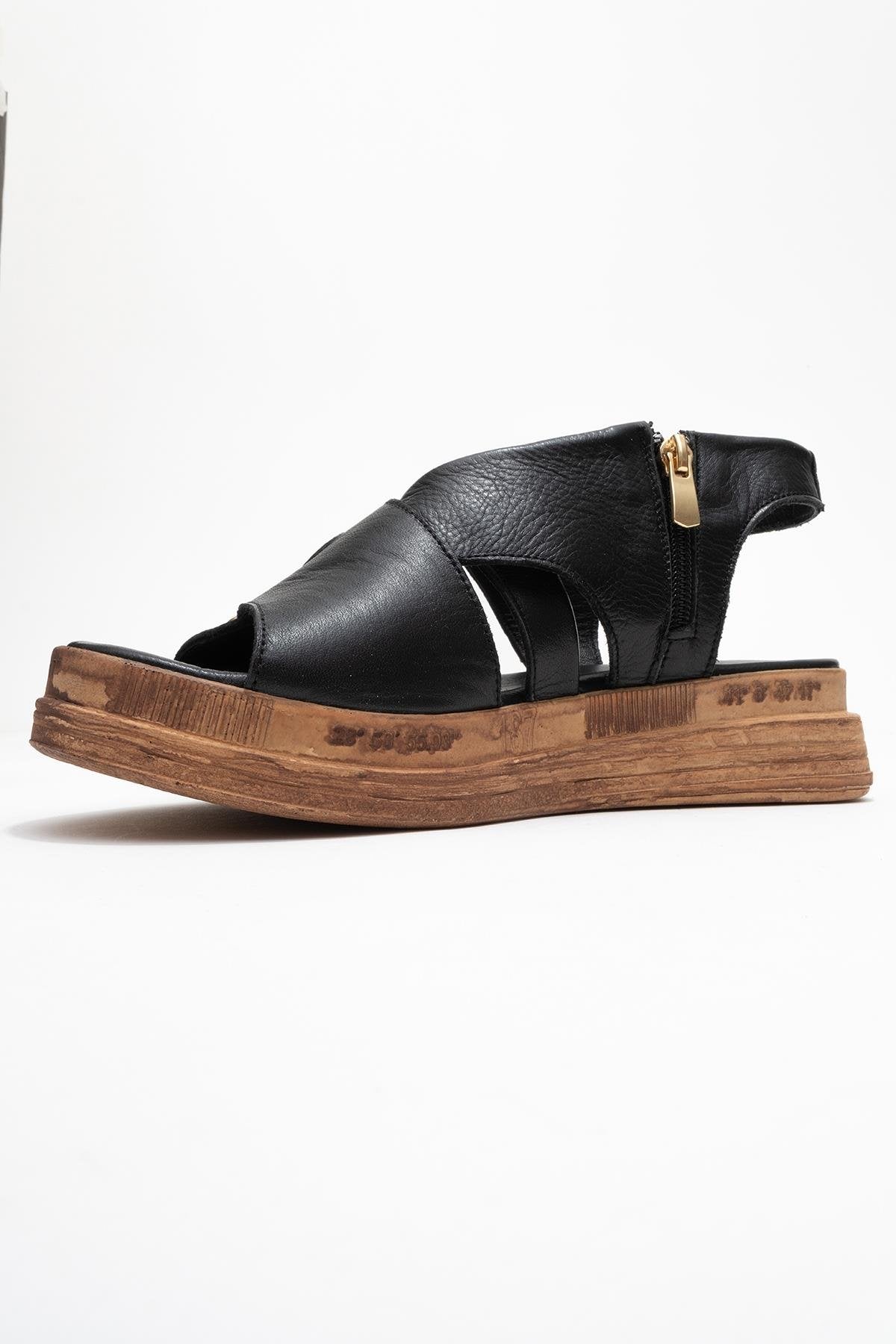 Levine Black Leather Buckled Side-Zip Sandal – heel view showing leather, black, red, Vowalisse